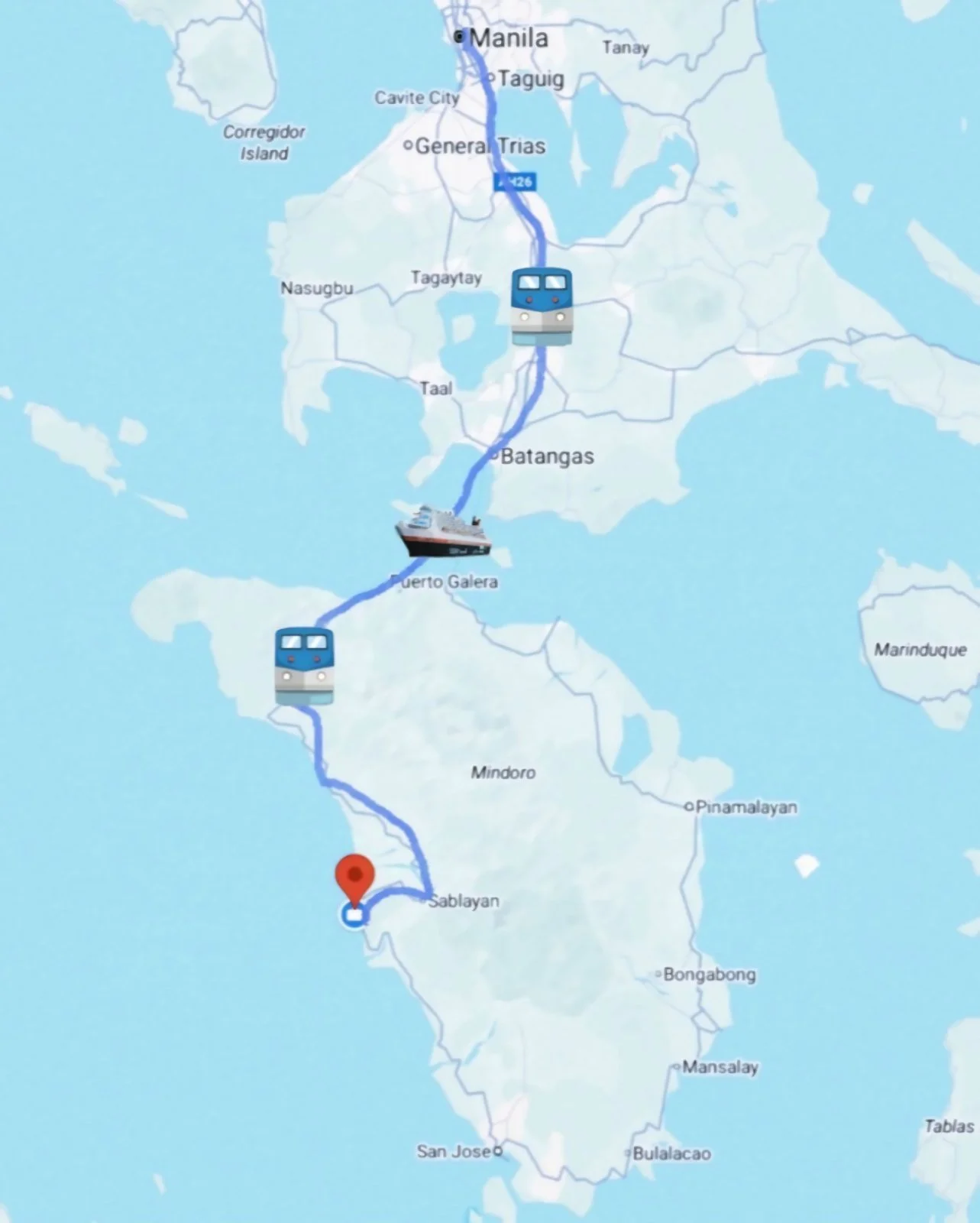 Map showing a travel route from Manila to Sablayan with icons for buses and a ferry along the path.