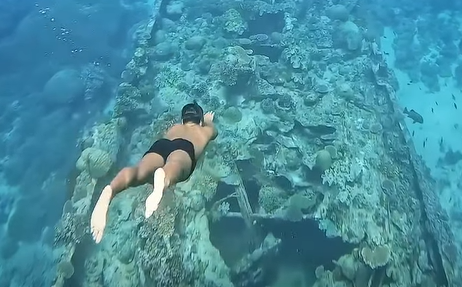Person scuba diving over coral-covered shipwreck underwater