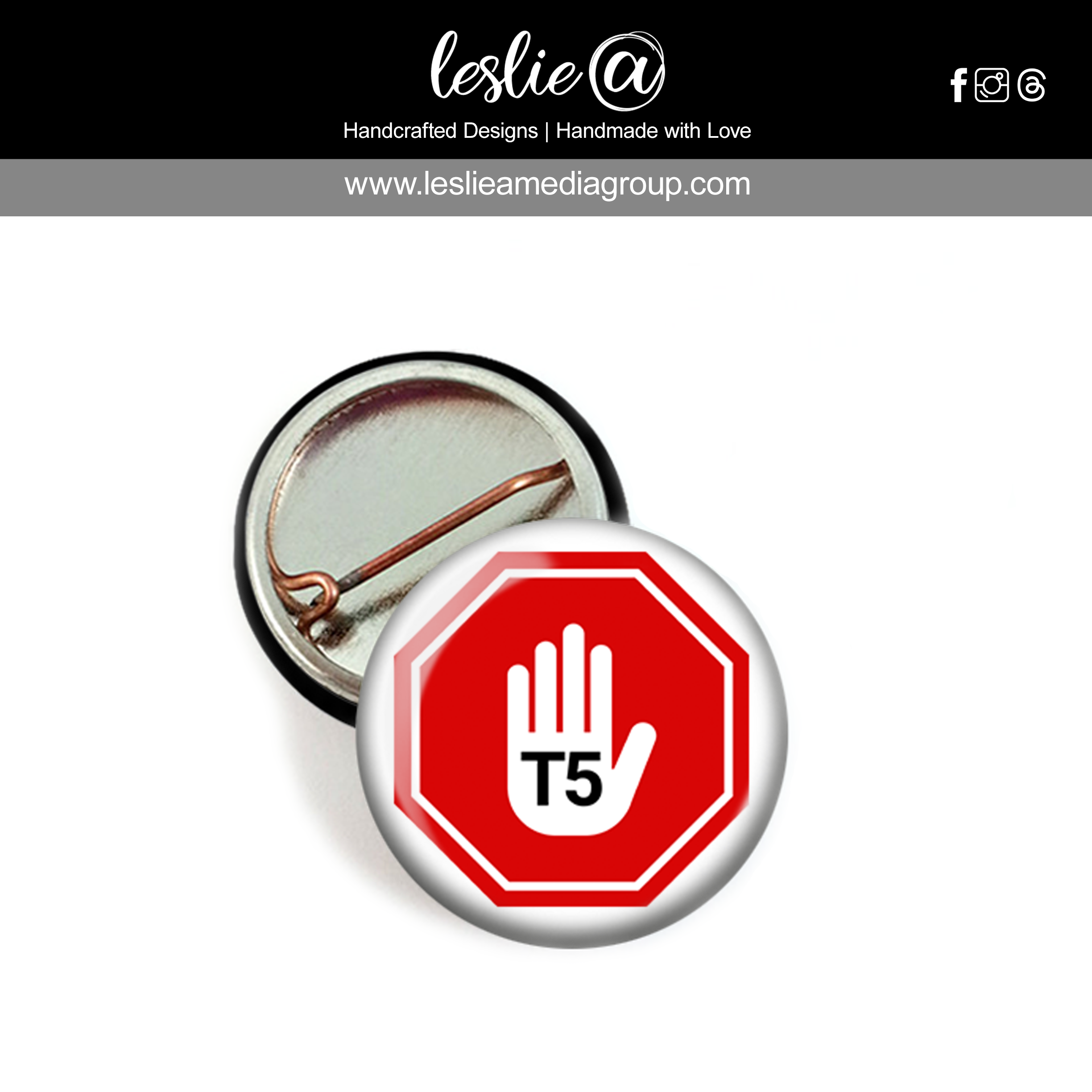 T5 Data Center Pin-Back Mini Button 1" Stop Black