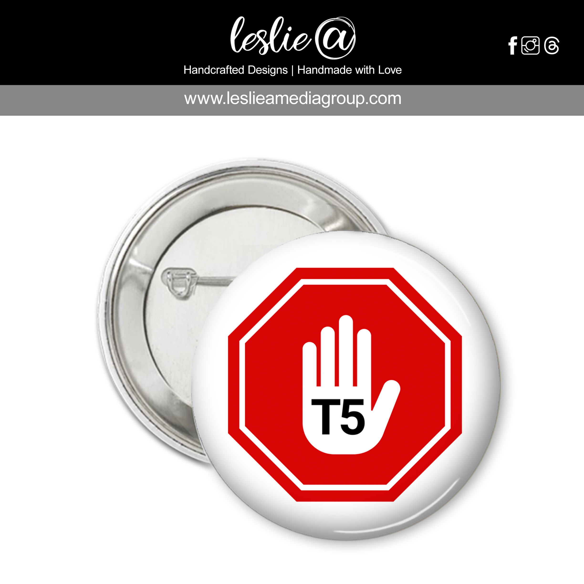 T5 Data Center Pin-Back Button 2.25" Stop Black