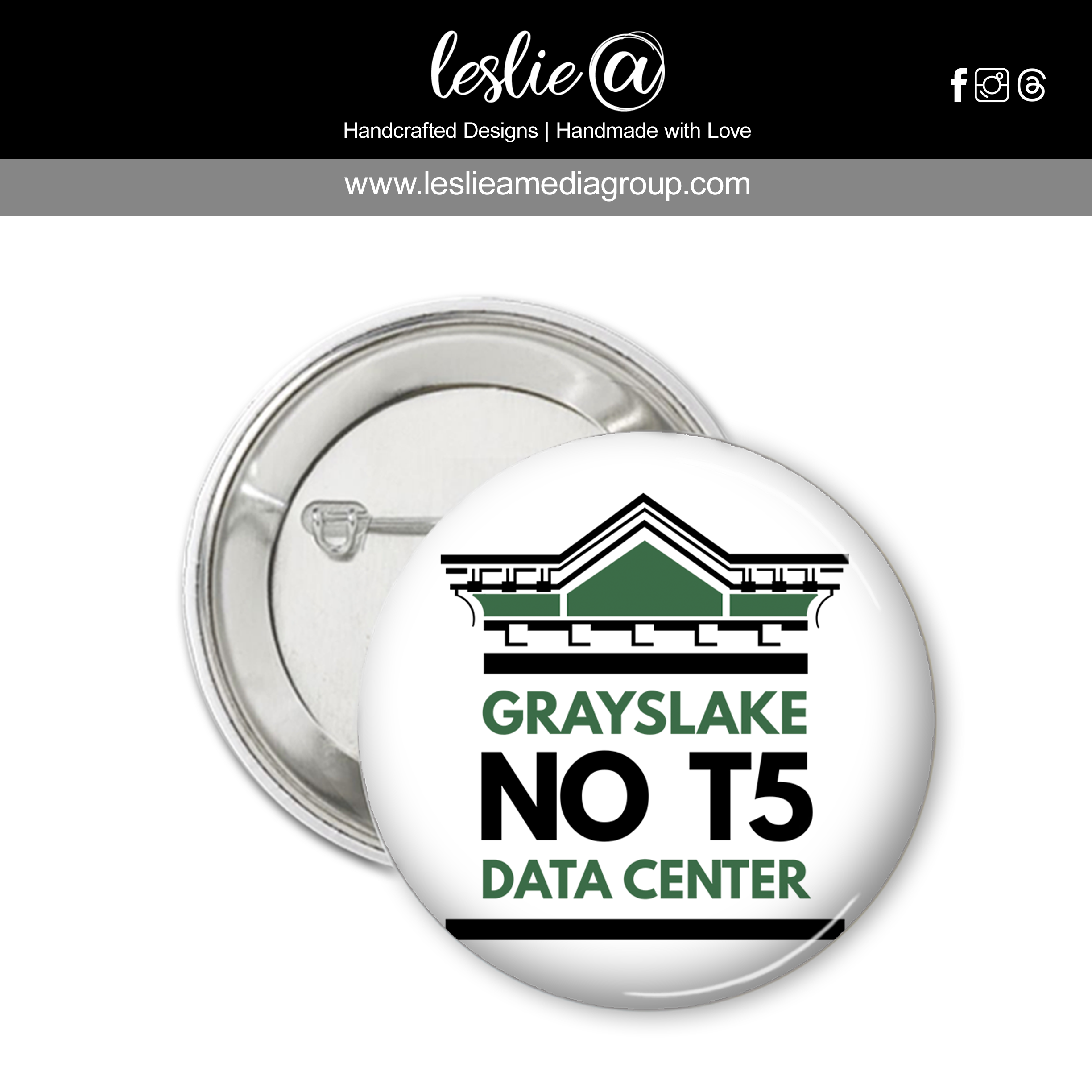 T5 Data Center Pin-Back Button 2.25" Grayslake Green