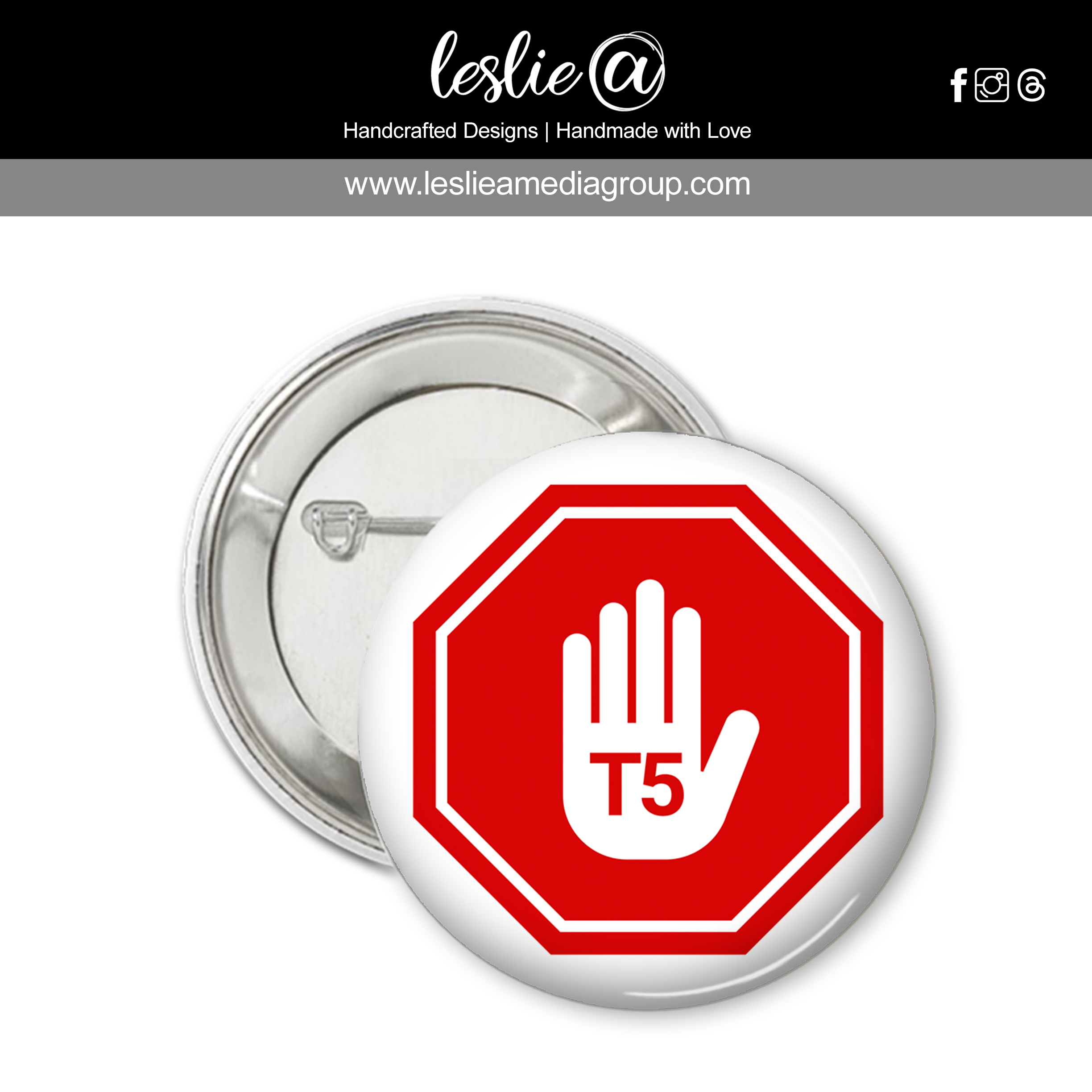 T5 Data Center Pin-Back Button 2.25" Stop Red