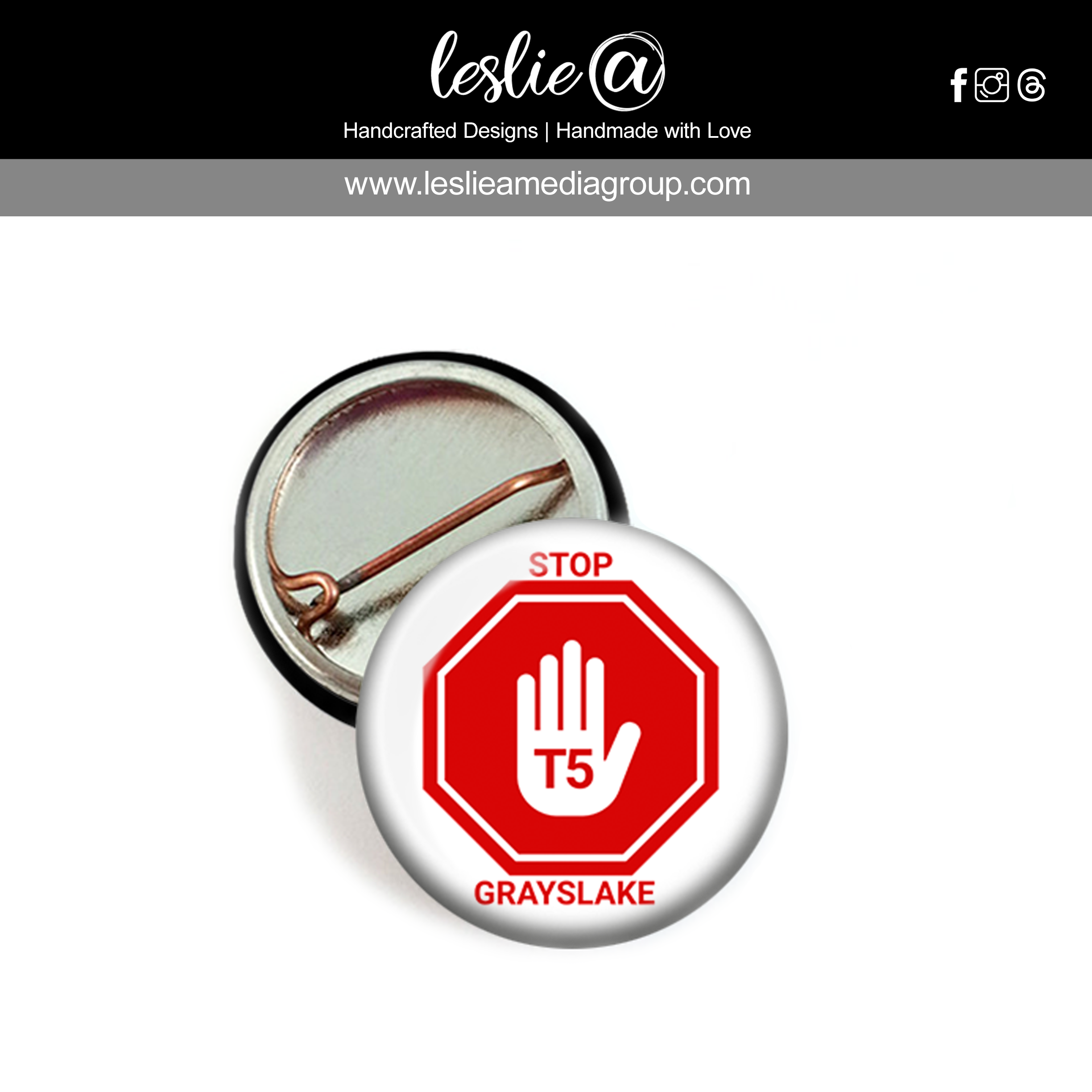 T5 Data Center Pin-Back Mini Button 1" Stop Grayslake