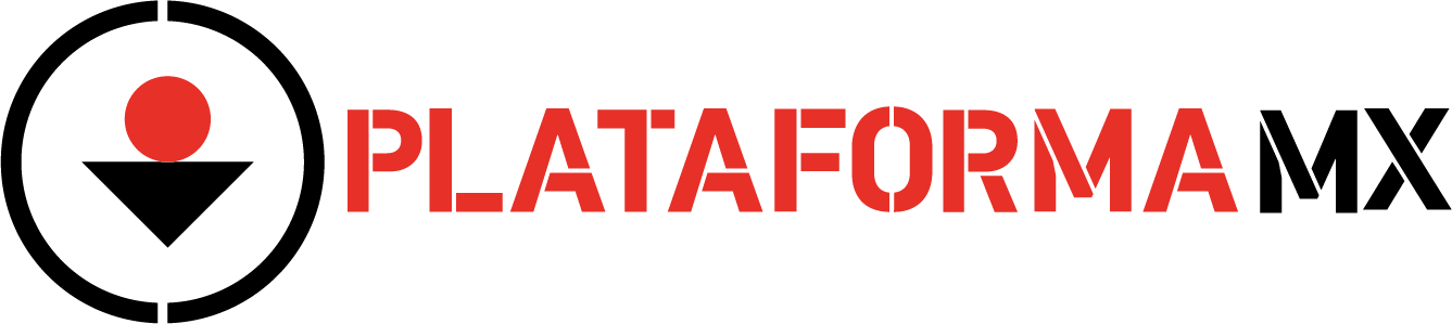 Logotipo con un círculo negro, dentro un símbolo con un círculo rojo arriba, una forma negra en medio y una forma blanca en la parte inferior, seguido del texto 'PLATAFORMA MX' en letras rojas y negras.