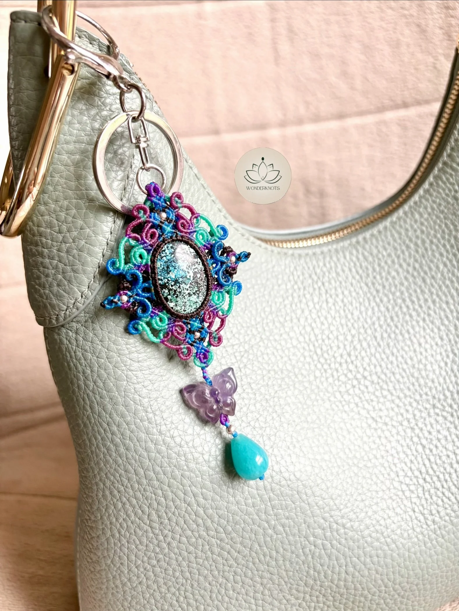 Shattuckite, Amethyst & Amazonite bag charm