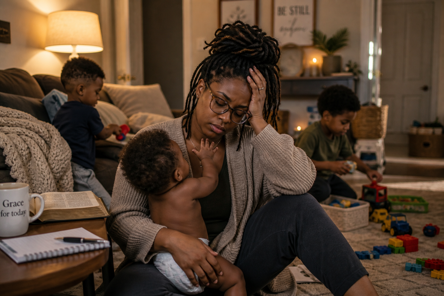 overwhelmed mom with locs holding baby boy with two little boys in the background