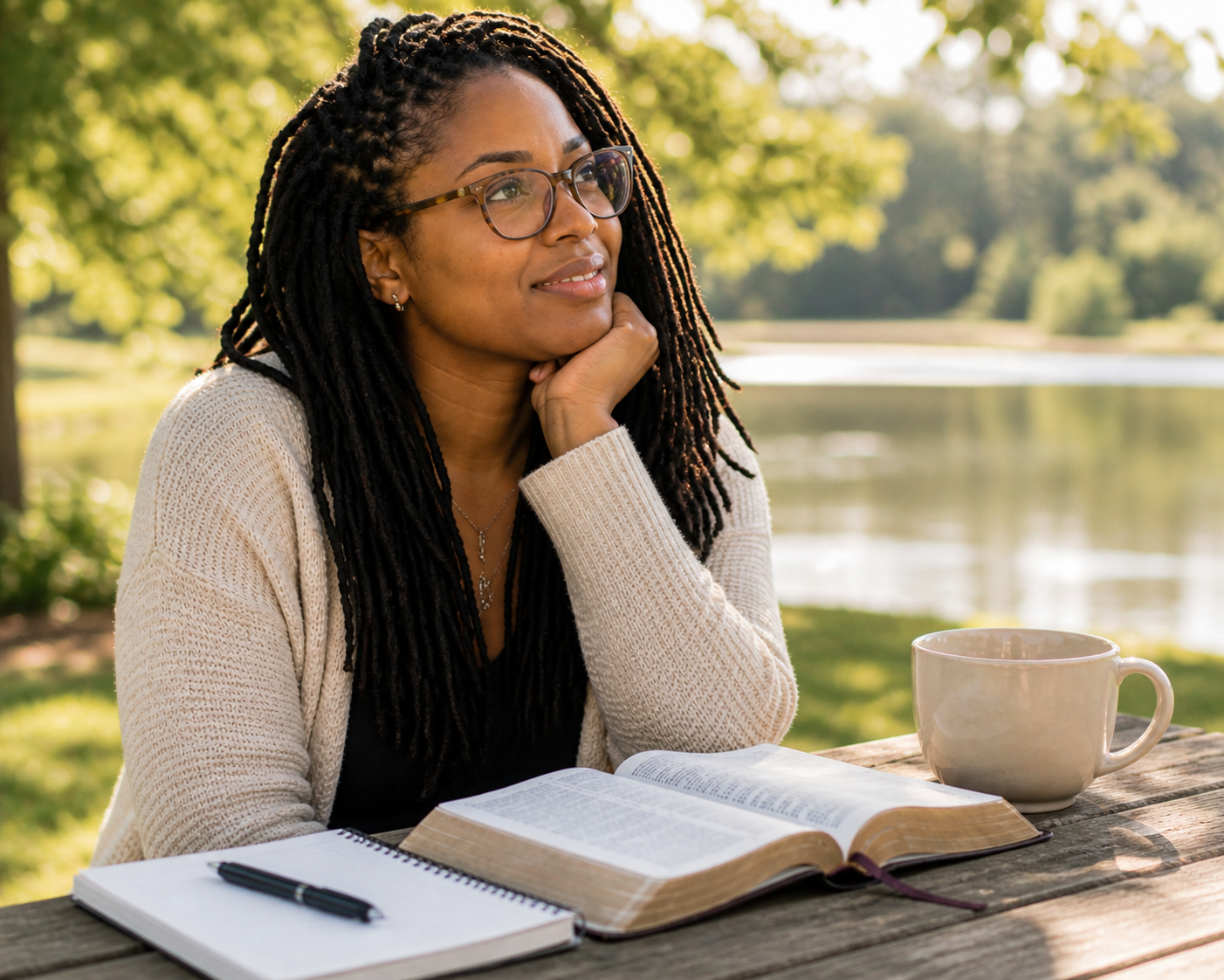 happy smiling woman with locs by the lake in the daylight