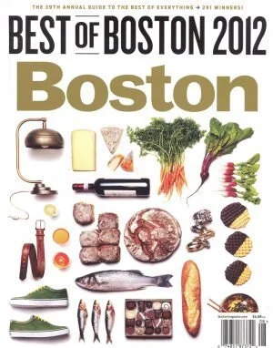 Cover of Best of Boston 2012 magazine featuring various foods including vegetables, meats, fish, desserts, and beverages.