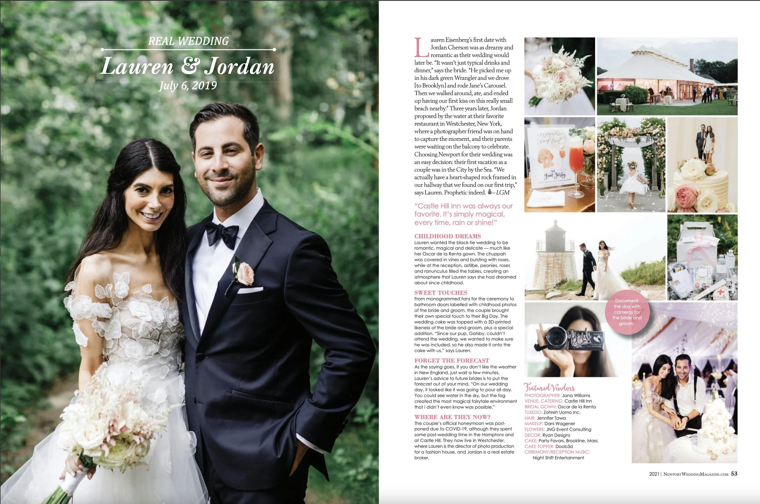 A wedding magazine spread featuring a photo of a bride and groom outdoors, several smaller images of wedding details and celebrations, and articles about their wedding day and background.