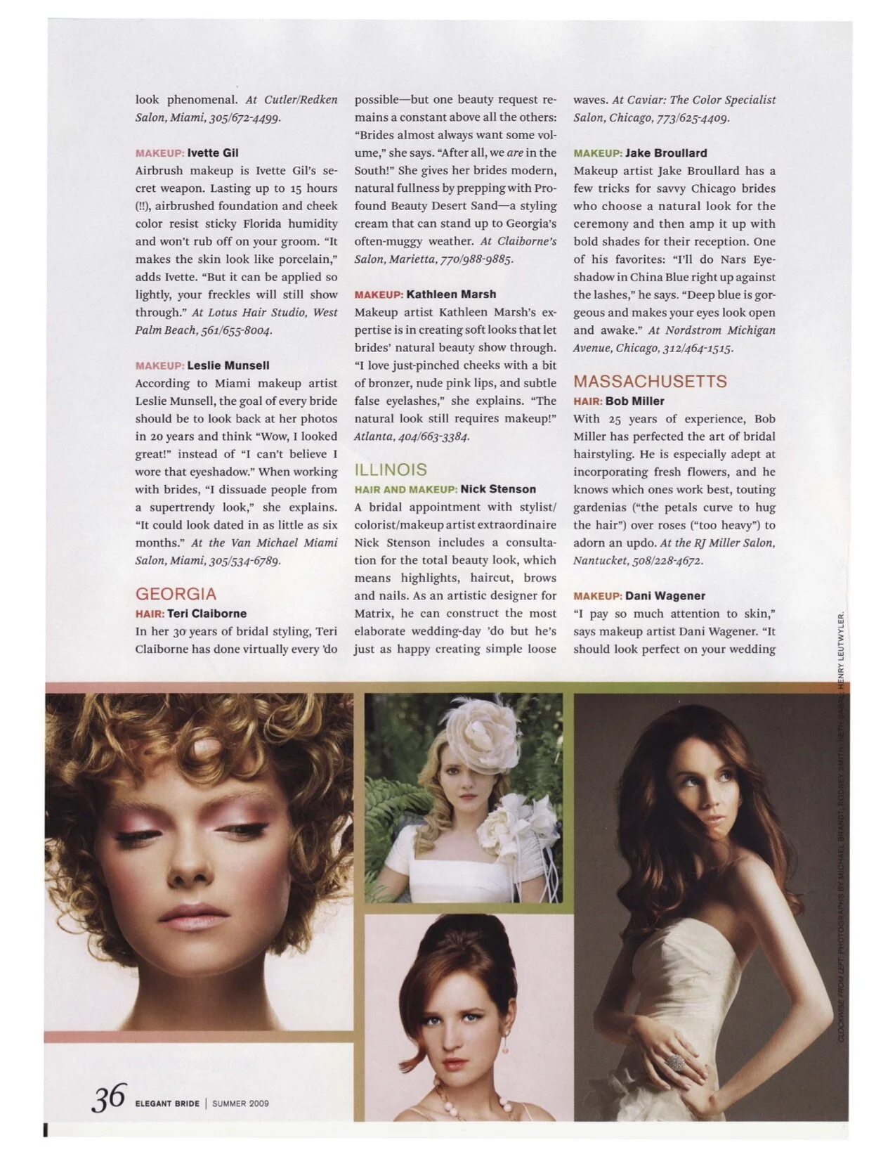 Magazine page with wedding makeup and hairstyling articles, and four portrait photos of women with different hairstyles and makeup, along with wedding dresses and accessories.