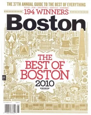 Cover of a book titled "Boston: The Best of Boston 2010," celebrating 194 winners from the 37th annual guide with categories like food, fun, shopping, service, and suburbs, and includes images of Boston landmarks in a gold background.