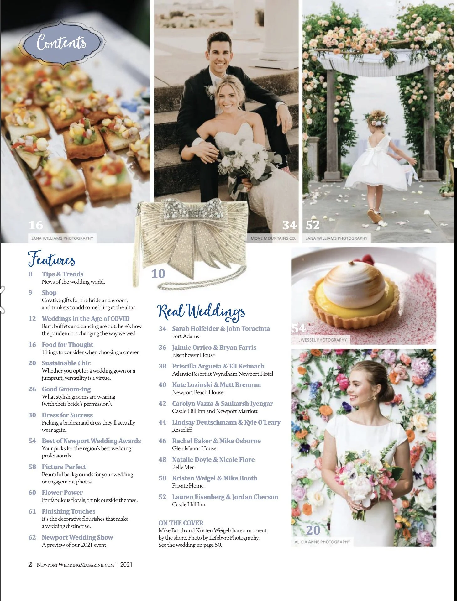 Table of contents page from a wedding magazine featuring wedding-related photos, including a bride and groom, a flower girl, wedding desserts, and a bride holding a bouquet.