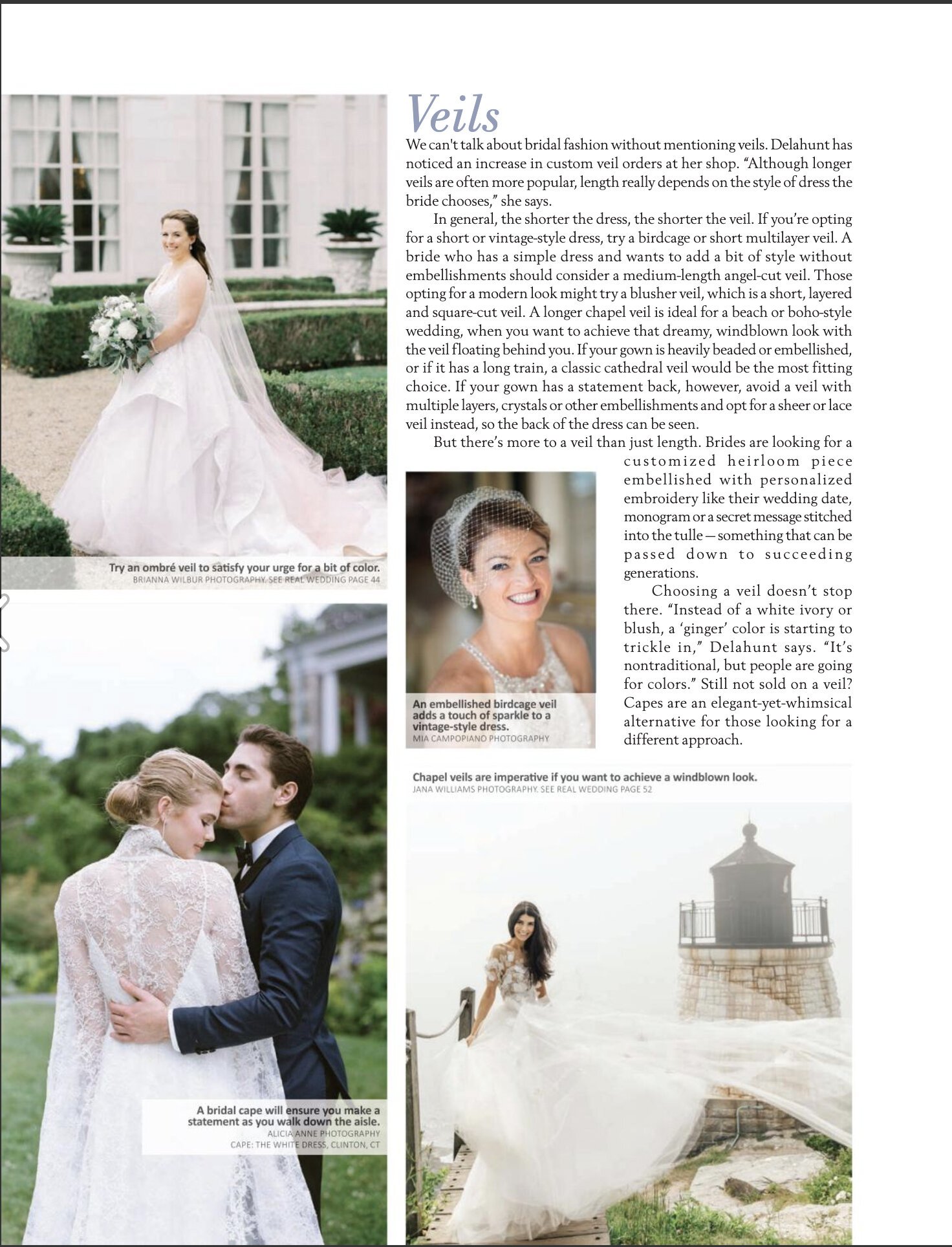 A magazine page about bridal veils, featuring images of brides with different veil styles, including an ombré veil, birdcage veil, chapel veil, and bridal cape, with descriptive text and captions.