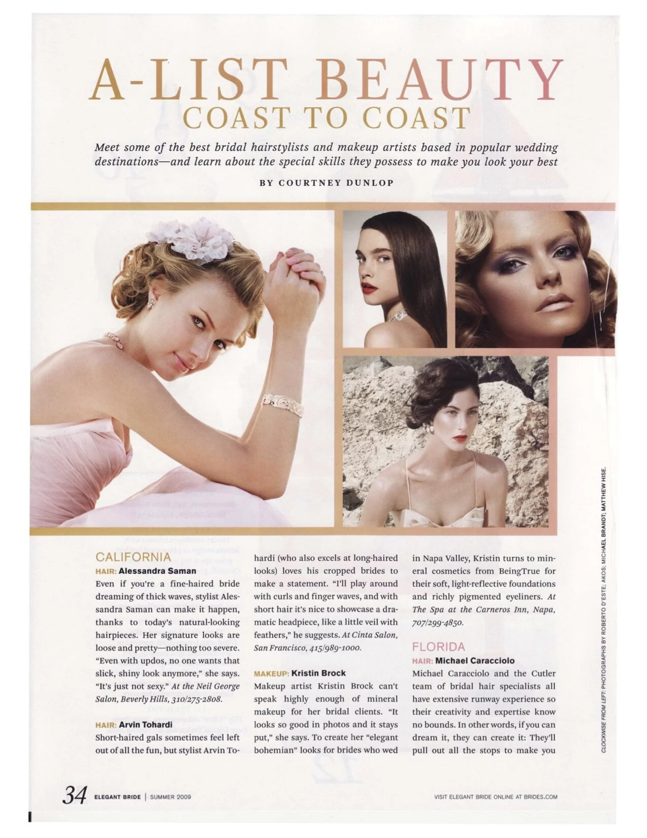 Page from a magazine article titled "A-List Beauty Coast to Coast" featuring images of five women with different hairstyles and makeup, and text discussing bridal hairstylists and makeup artists from California and Florida.