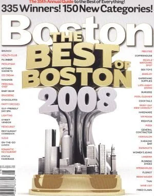 Cover of Boston magazine from 2008 featuring a trophy with the Boston skyline in the background, highlighting the 'Best of Boston' awards with the title 'The Boston Best of Boston 2008'.