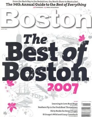 Cover of a guide titled 'The Best of Boston 2007,' featuring the words 'Boston' in large white letters, and smaller text mentioning 'The 34th Annual Guide,' with images of boats, pink flowers, and a cityscape in the background.