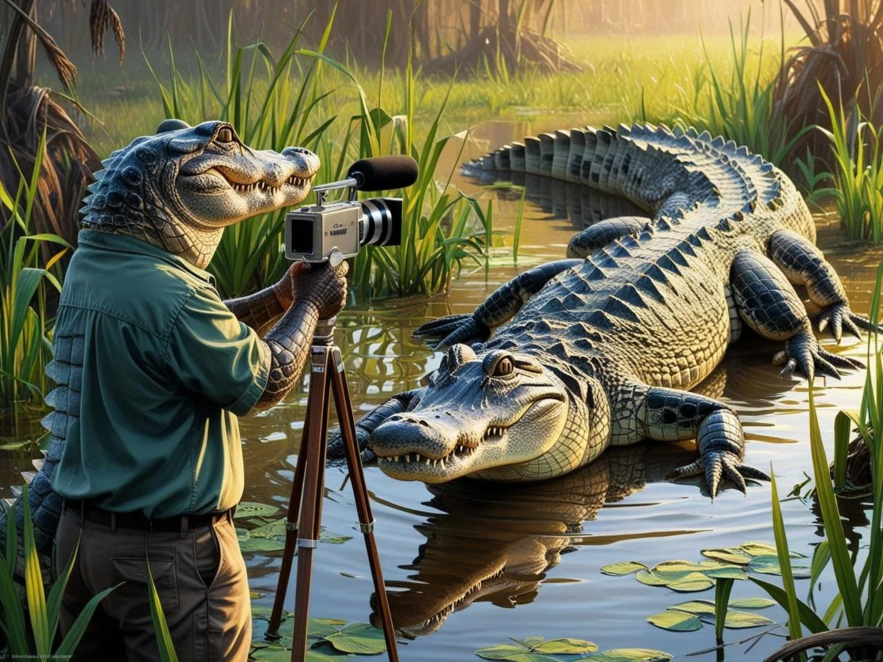 An alligator using a video camera to record another alligator in a swamp.jpg