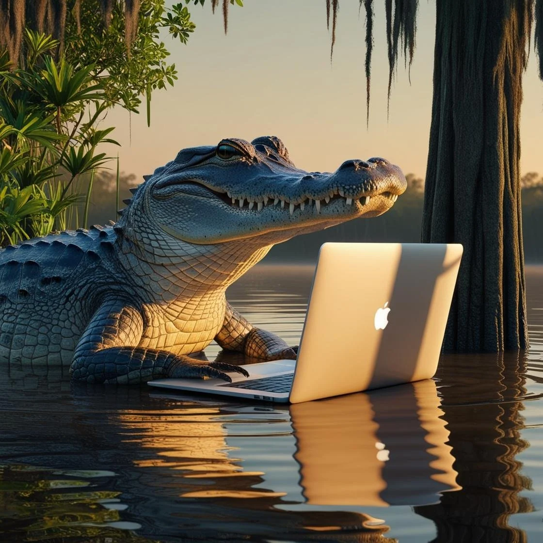 An alligator in a swamp with a laptop.jpg
