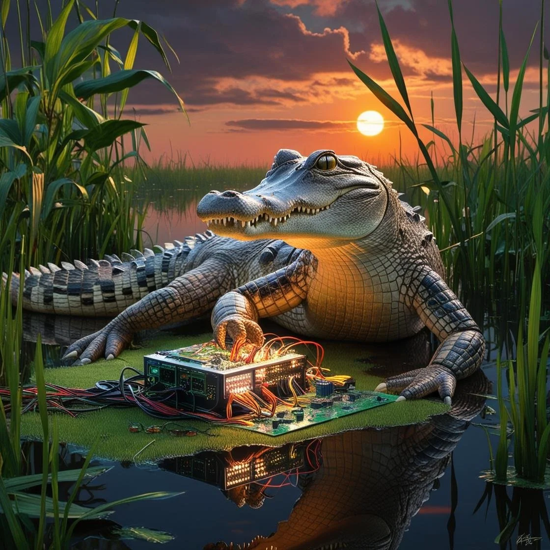 a swamp with an alligator building a computer .jpg