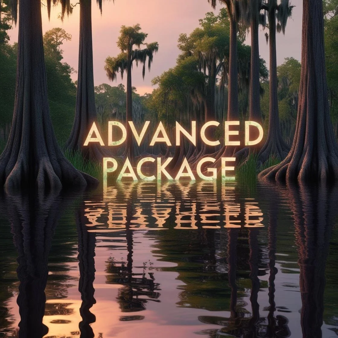 a swamp with the word %22Advanced Package%22 floating above the water.jpg