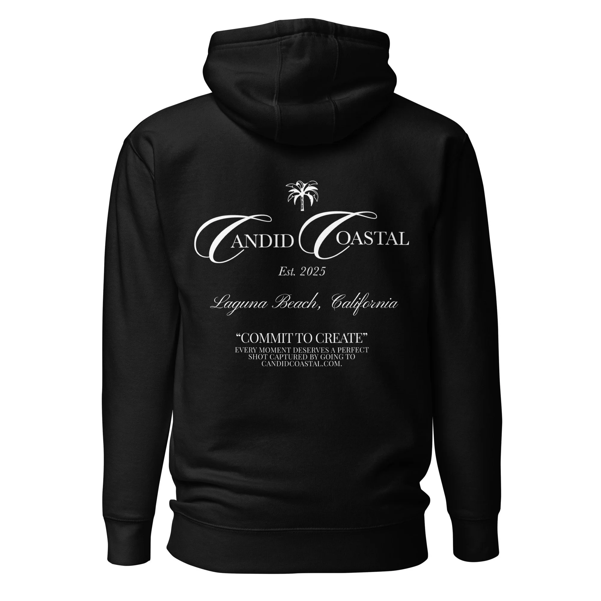 Black hoodie with white text and design, featuring a palm tree illustration and promotional message about Candid Coastal, a brand established in 2025 in Laguna Beach, California.
