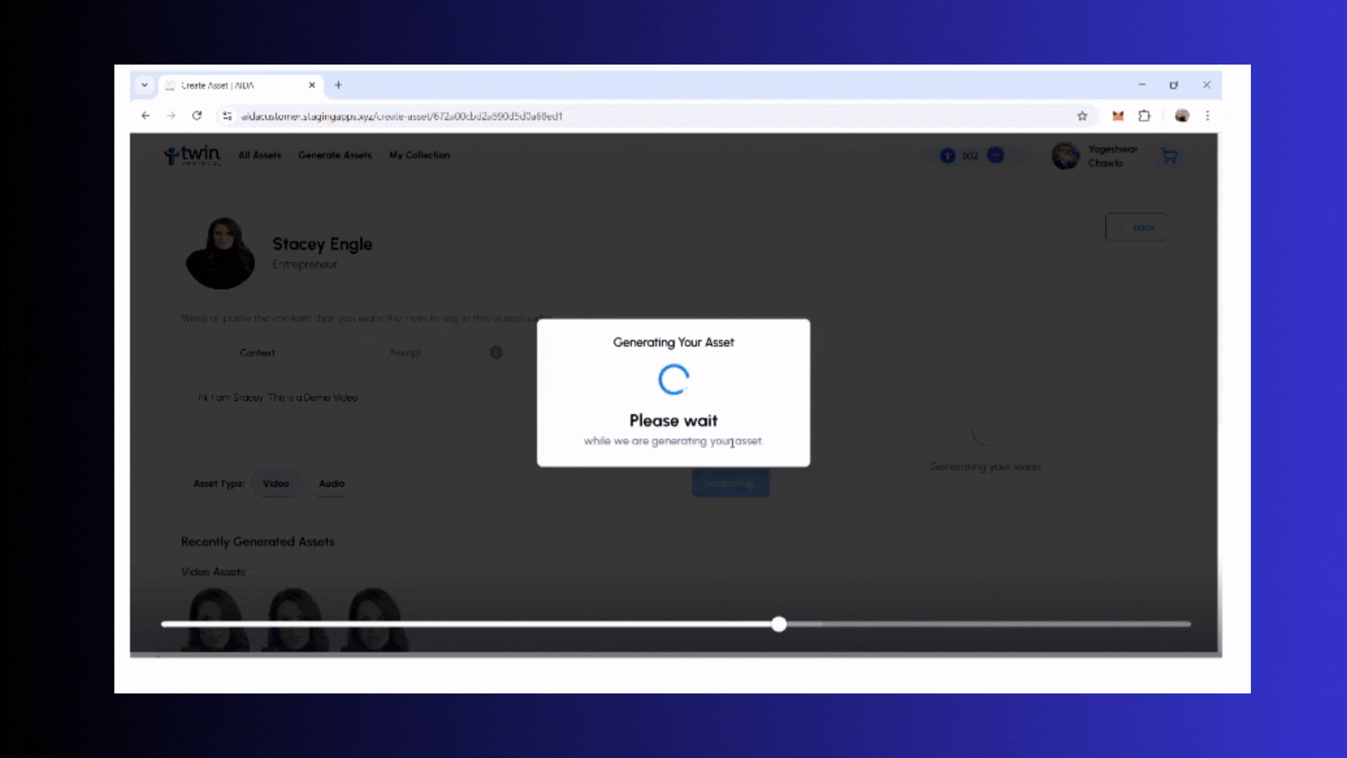 Screenshot of a web page showing a popup with a loading circle and the message 'Generating Your Asset, Please wait while we are generating your asset', over a blurred background of a user profile page.