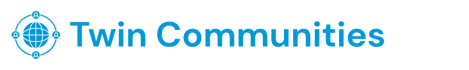 Logo with a globe surrounded by interconnected nodes next to the text 'Twin Communities' in blue.