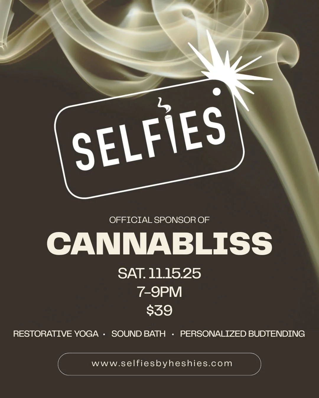 We're super honored to announce Cannabliss' official sponsor, @selfiesbyheshies!

The perfect-sized Js for our wellness sesh (and for life!), Selfies is providing not only incredible product, but also setting up a personalized b*dtending bar. 

That 