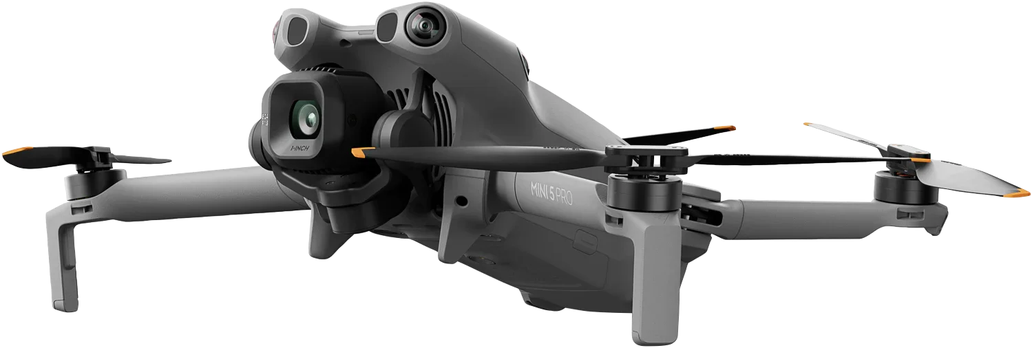 A DJI Mini 5 Pro drone with four propellers, camera, and gimbal mounted at the front, seen from a slightly angled side view.