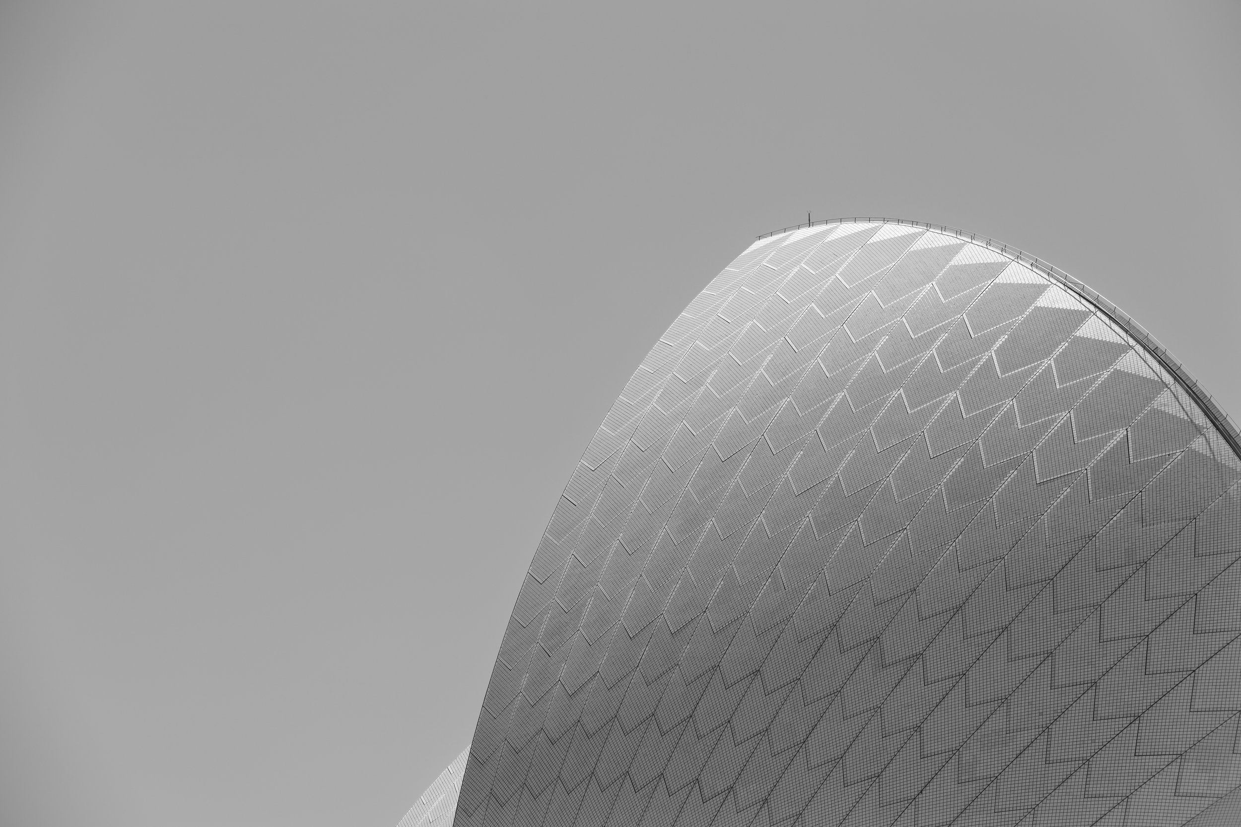 Close-up view of a modern architectural building with a curved design and diamond-patterned metal surface, against a plain sky background.