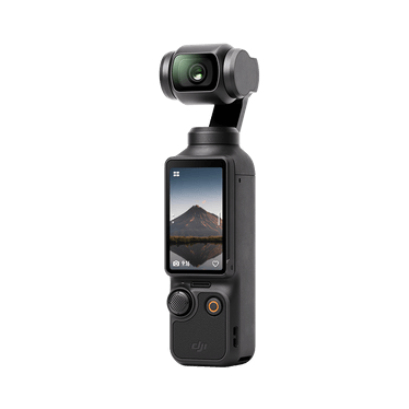 A handheld camera gimbal with a built-in screen and a camera mounted on top.