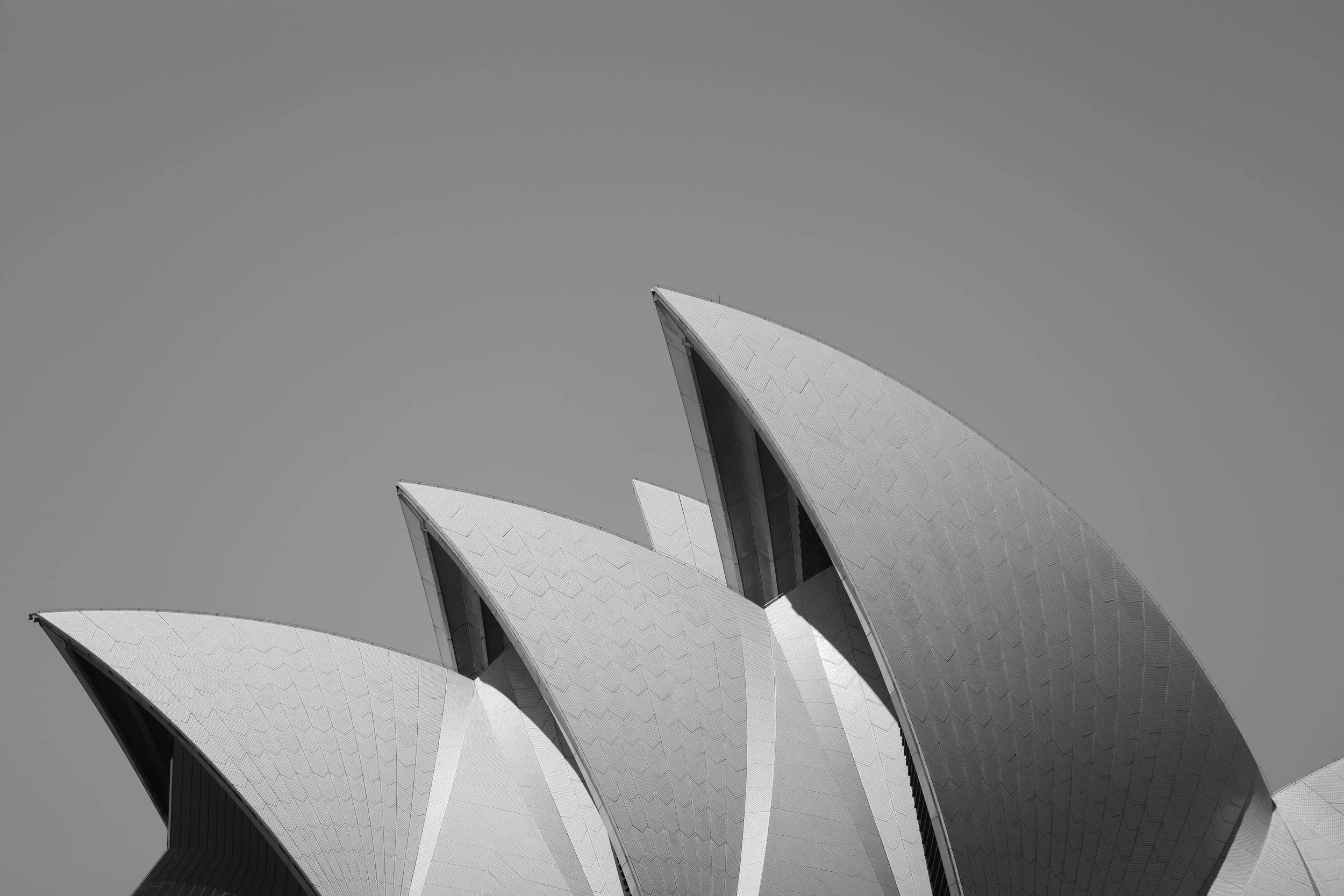 Close-up view of the Sydney Opera House's distinctive sail-like architectural roof structure against a plain, grey sky.