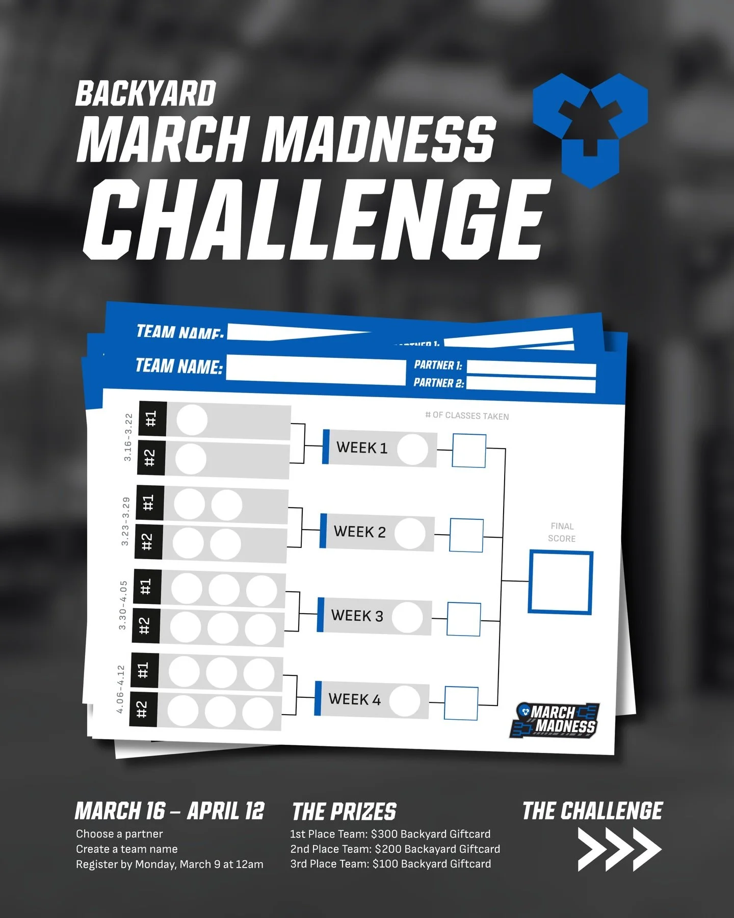 Backyard March Madness starts March 16.

🤝Find a partner.
👏Name your team.
💯Start stacking points.
🏆Win prizes.

Survive each weekly challenge and climb the leaderboard.

Register by March 9. Link in bio for all the deets.