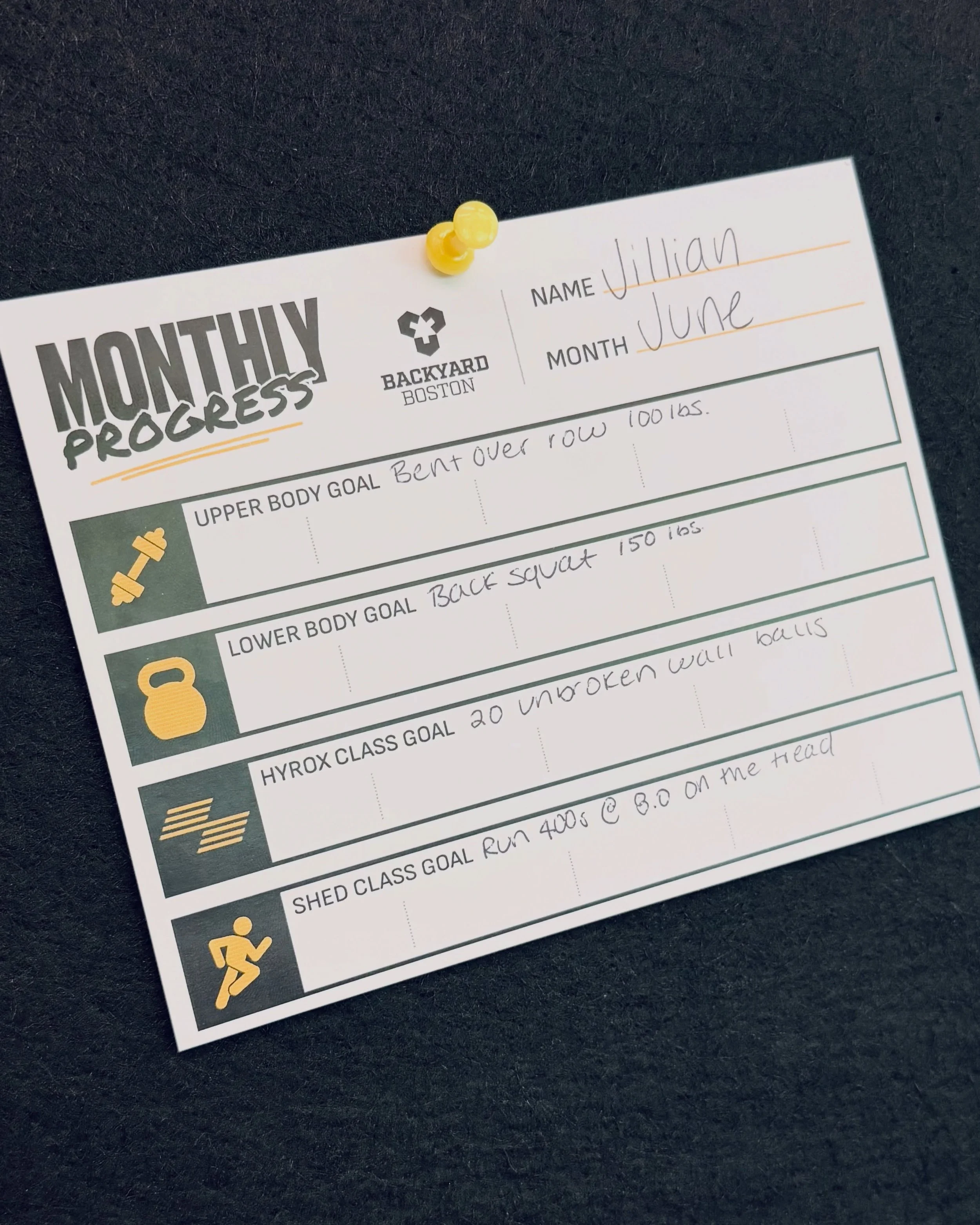 A little more intention. A little more accountability. A lot more progress. 👊

Our new Monthly Progress Cards are available at the front desk. Set a goal, pin it to the board, and track your progress throughout the month.

Upper Body. Lower Body. HY