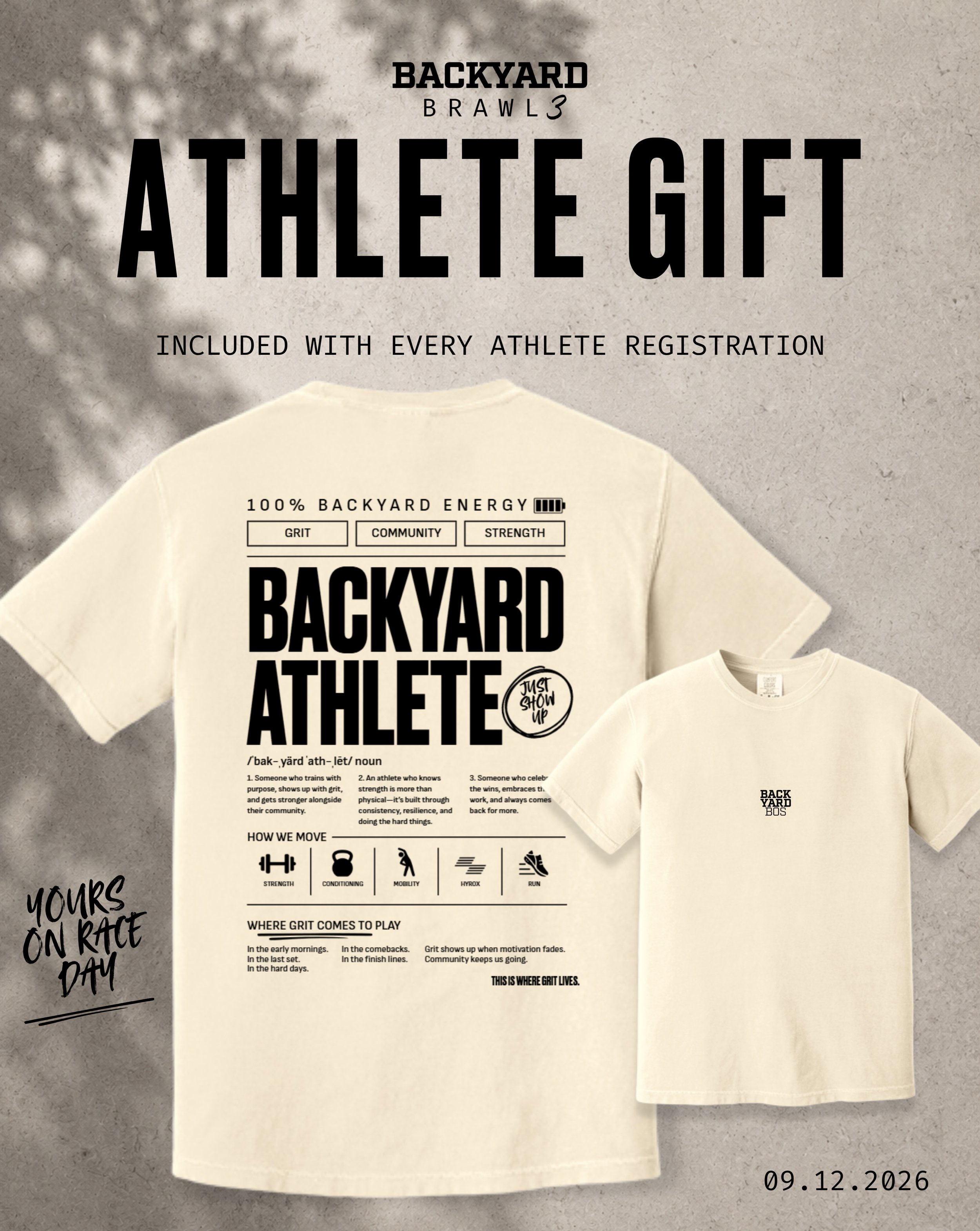 A little preview of what&rsquo;s waiting for our Backyard Brawl 3 athletes 👀

Every athlete registration includes this exclusive Backyard Athlete tee, plus a full swag bag. Consider this just the first reveal. 👏

🚨 LAST CALL FOR EARLY ACCESS: Fill