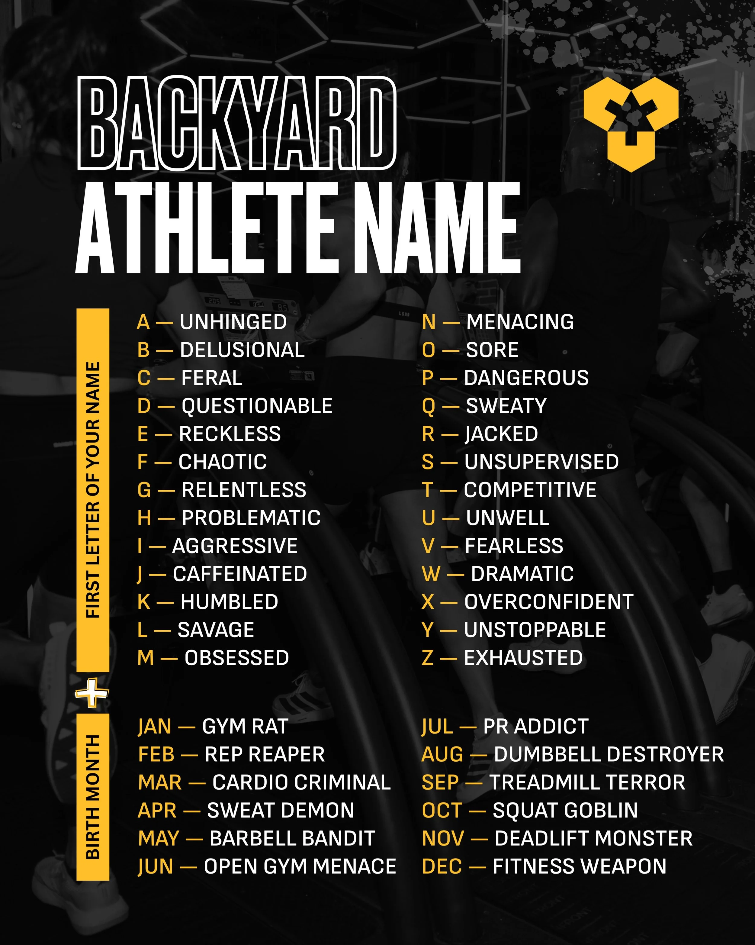 Consider this your official Backyard Athlete identity.

First letter + birth month = your name.

Drop yours below, we need to know who got the most unhinged combo. 👀👇