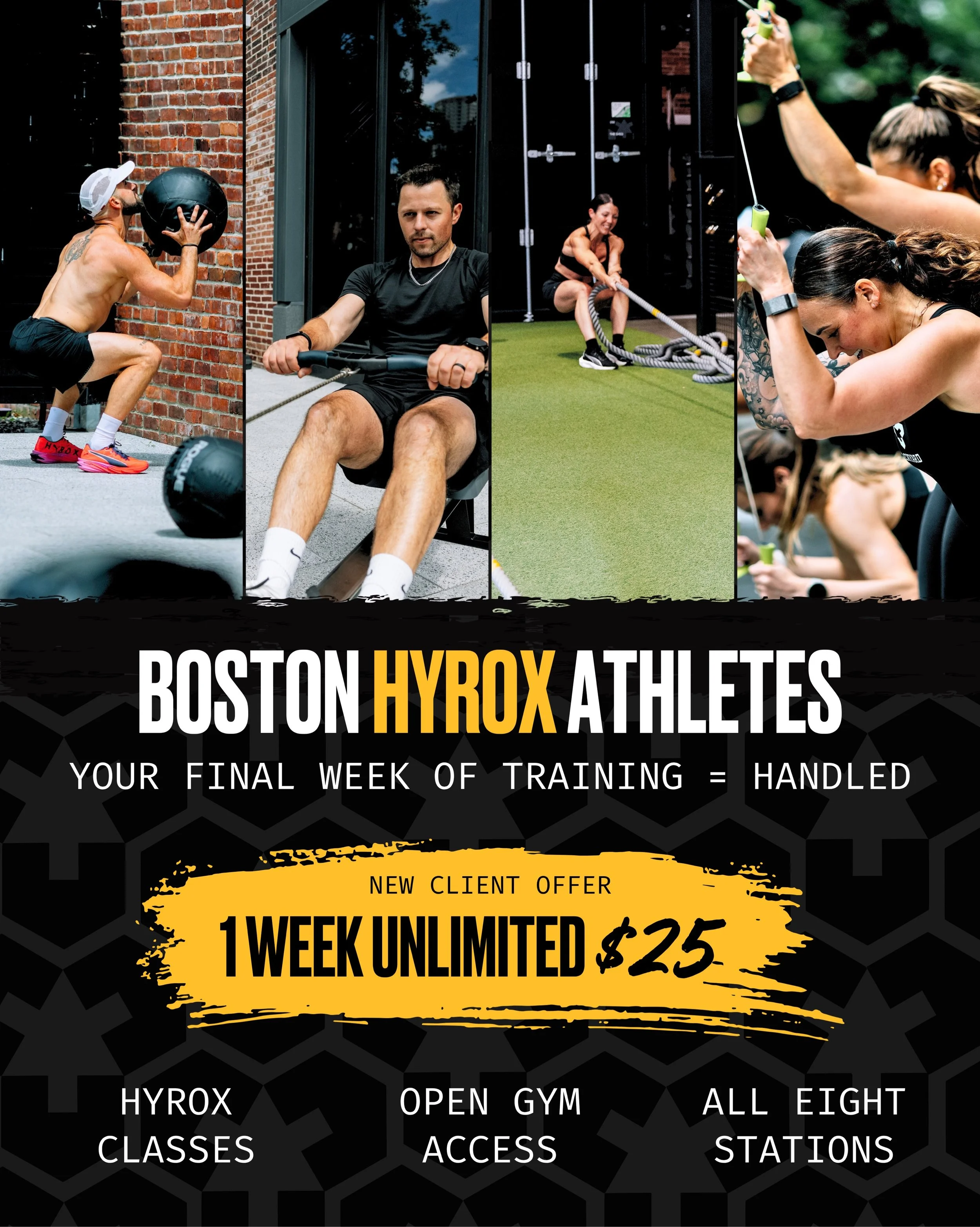 Boston HYROX is coming to our city and our doors are open. 🫶🔥

Whether you call Boston home or you&rsquo;re traveling in to race, come train with us at Backyard during race week.

New clients can grab 1 WEEK UNLIMITED for $25 with HYROX classes on 
