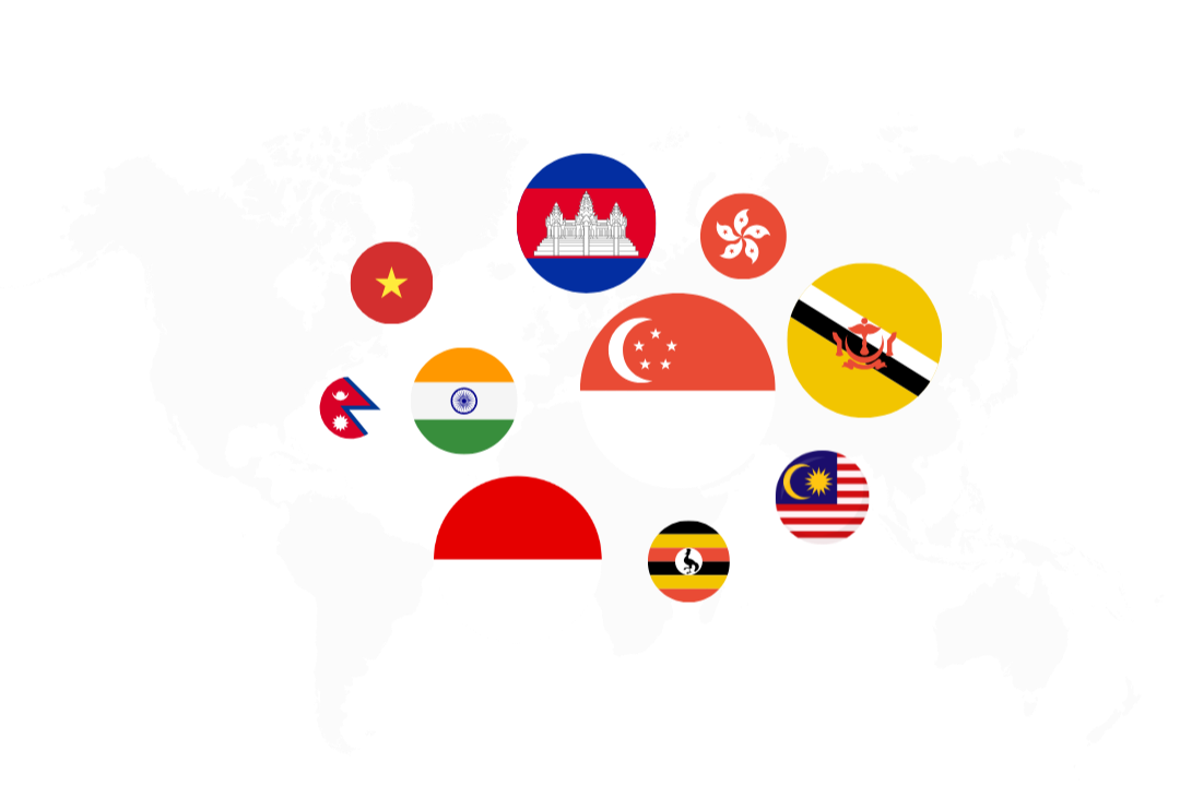 World map with flags of countries used in 15+ countries, including Singapore, Malaysia, Indonesia, India, Bangladesh, Sri Lanka, Vietnam, Cambodia, and others.