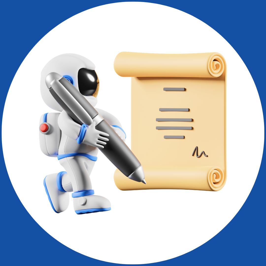 A robot astronaut holding a large black pen next to a rolled parchment with writing, on a blue and white background.