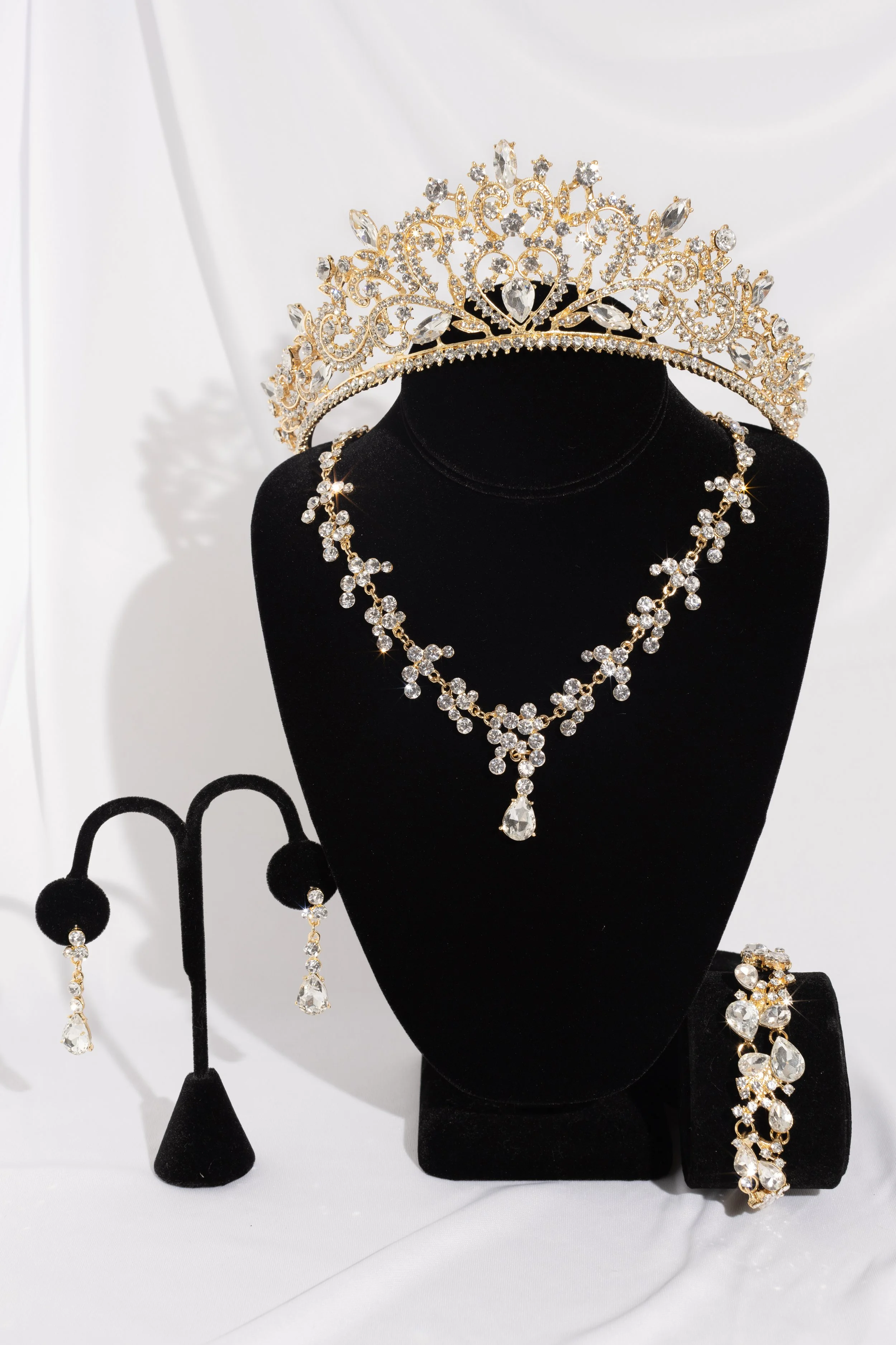 Elegant Gold Crystal Crown and Jewelry Set