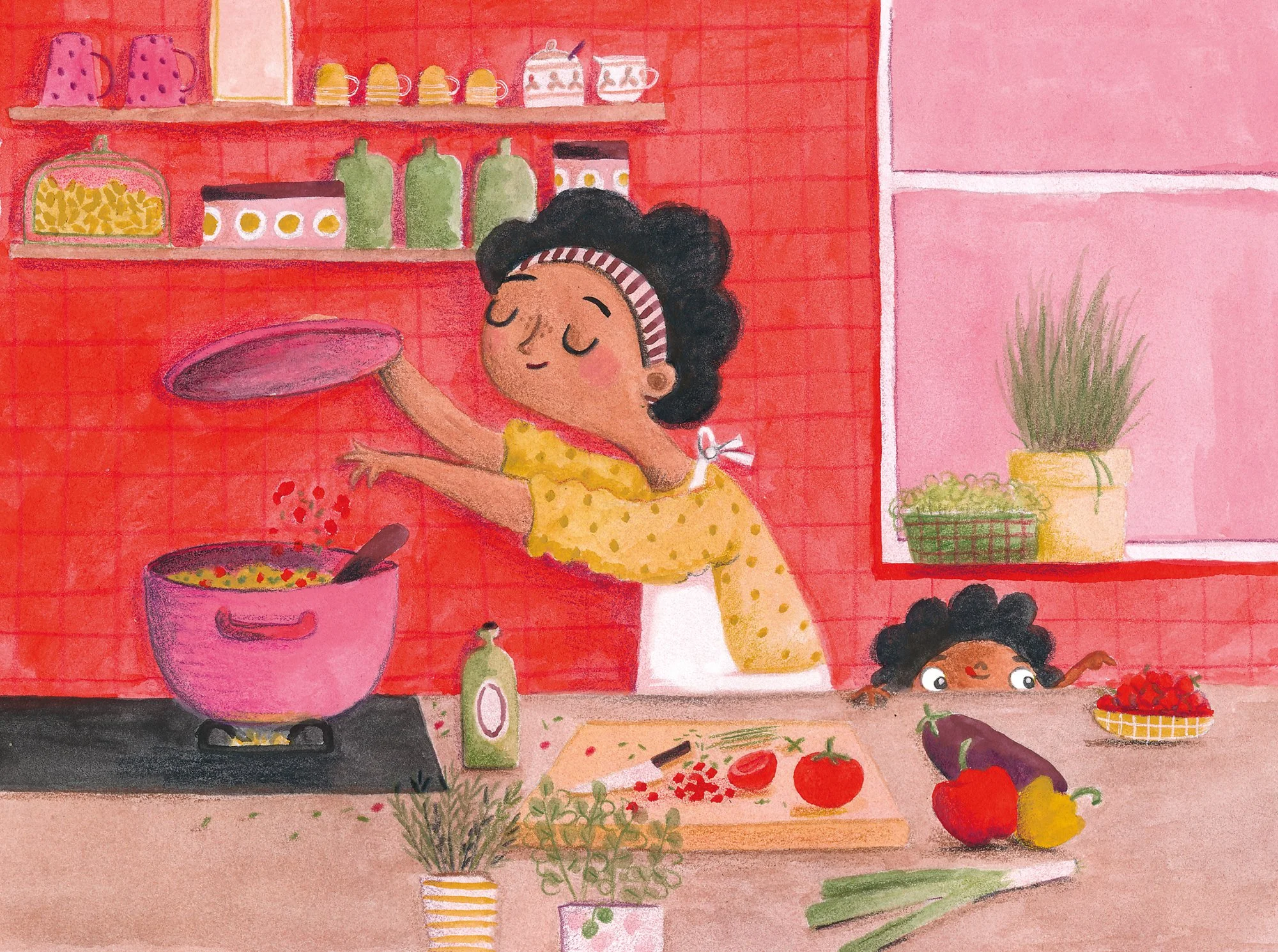 Illustration of mother cooking and little kid helping out
