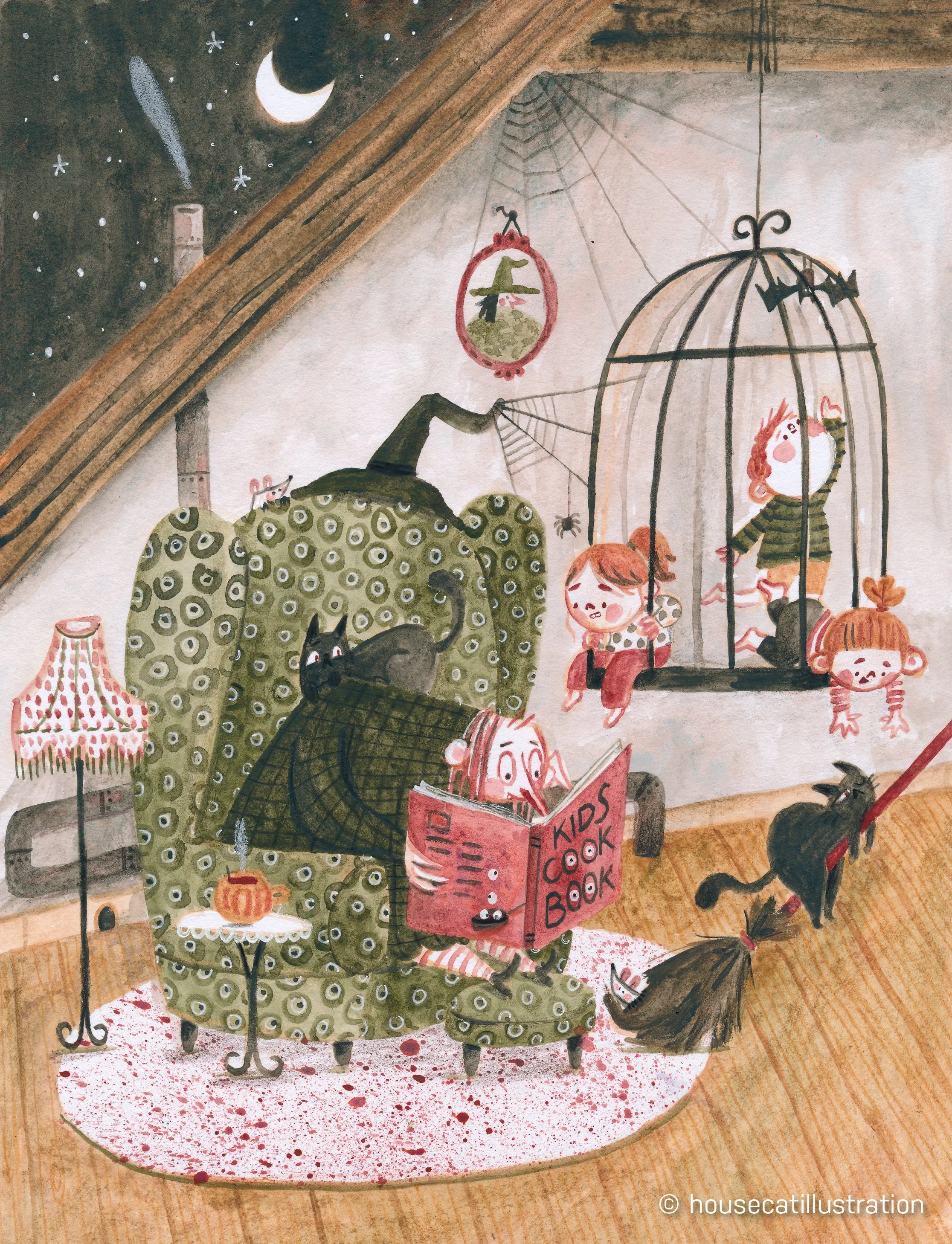 Illustration of a witch reading a kids cookbook in her chair while above her there's a cage with 3 children