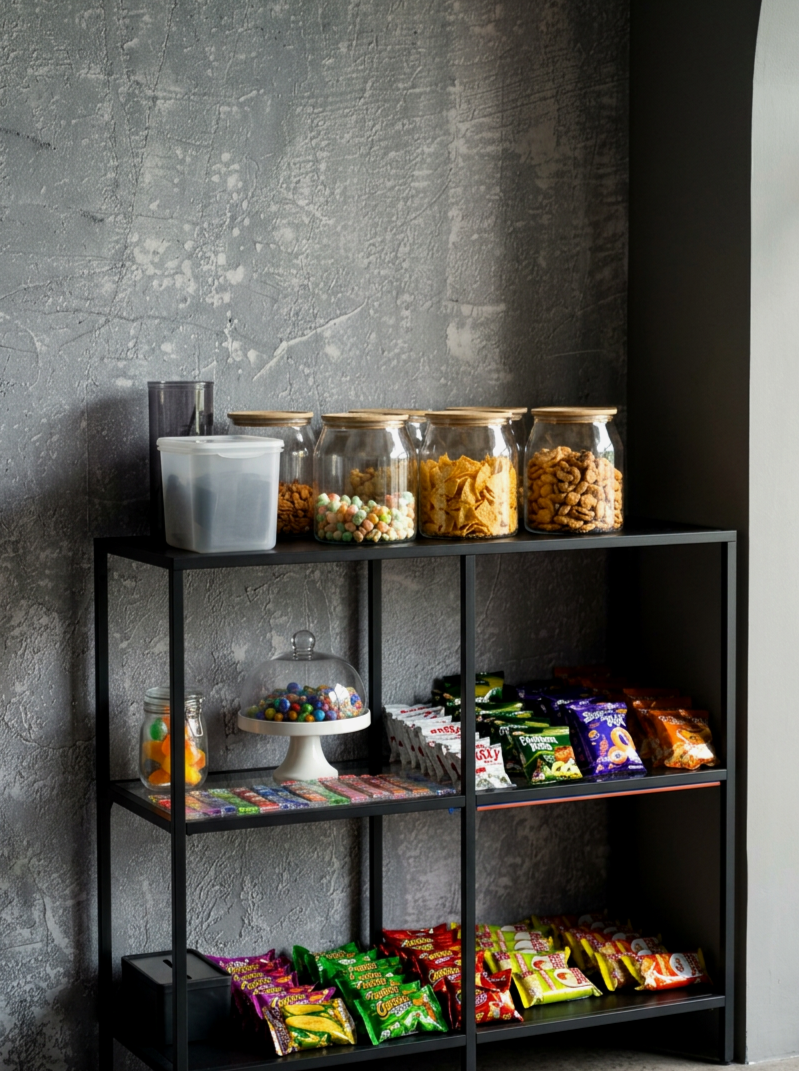 A snack and candy shelf with jars of cookies, cereal, and candy, along with assorted packaged candies and snacks.