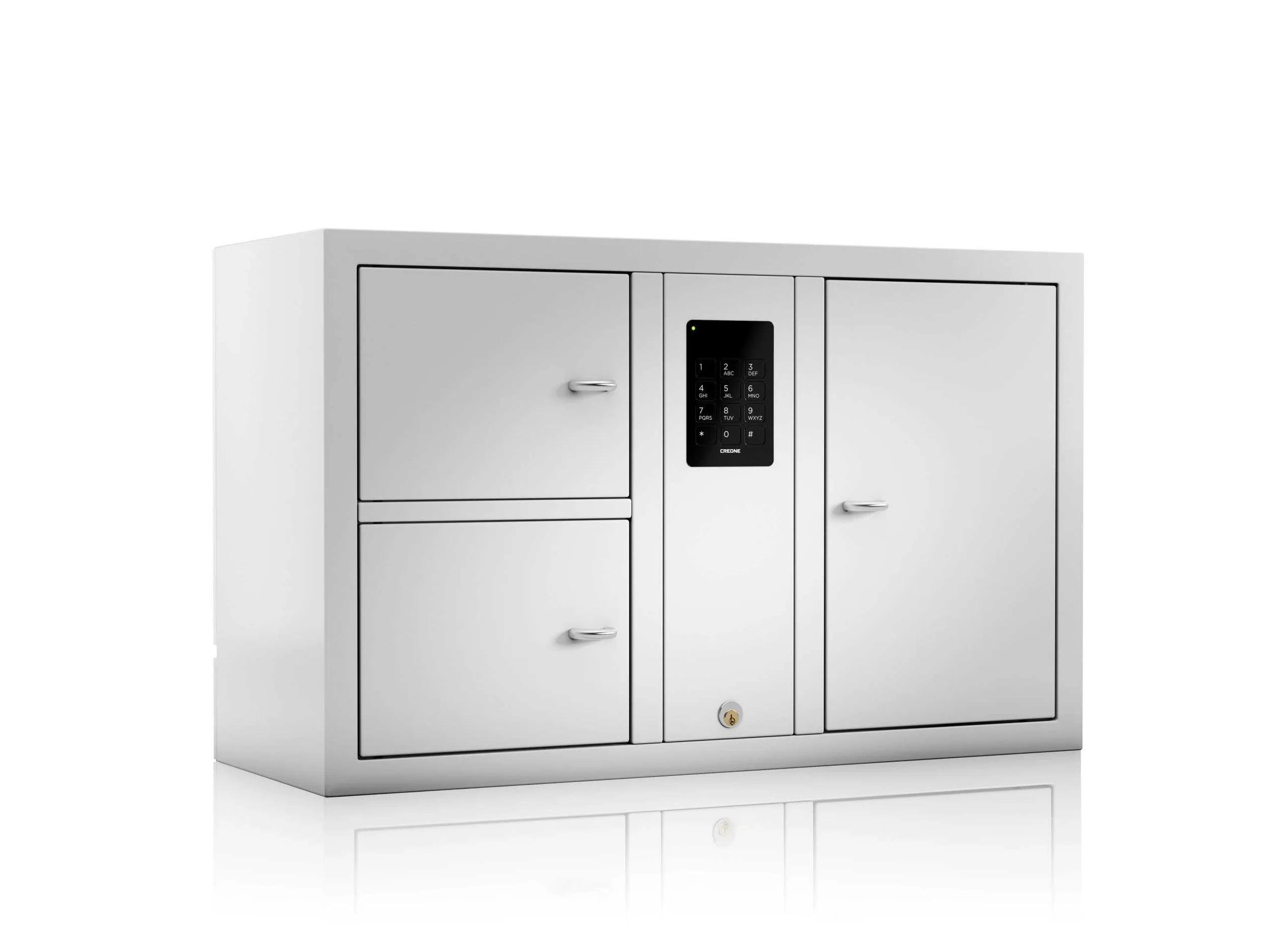 White electronic security safe with multiple compartments, keypads, and locks