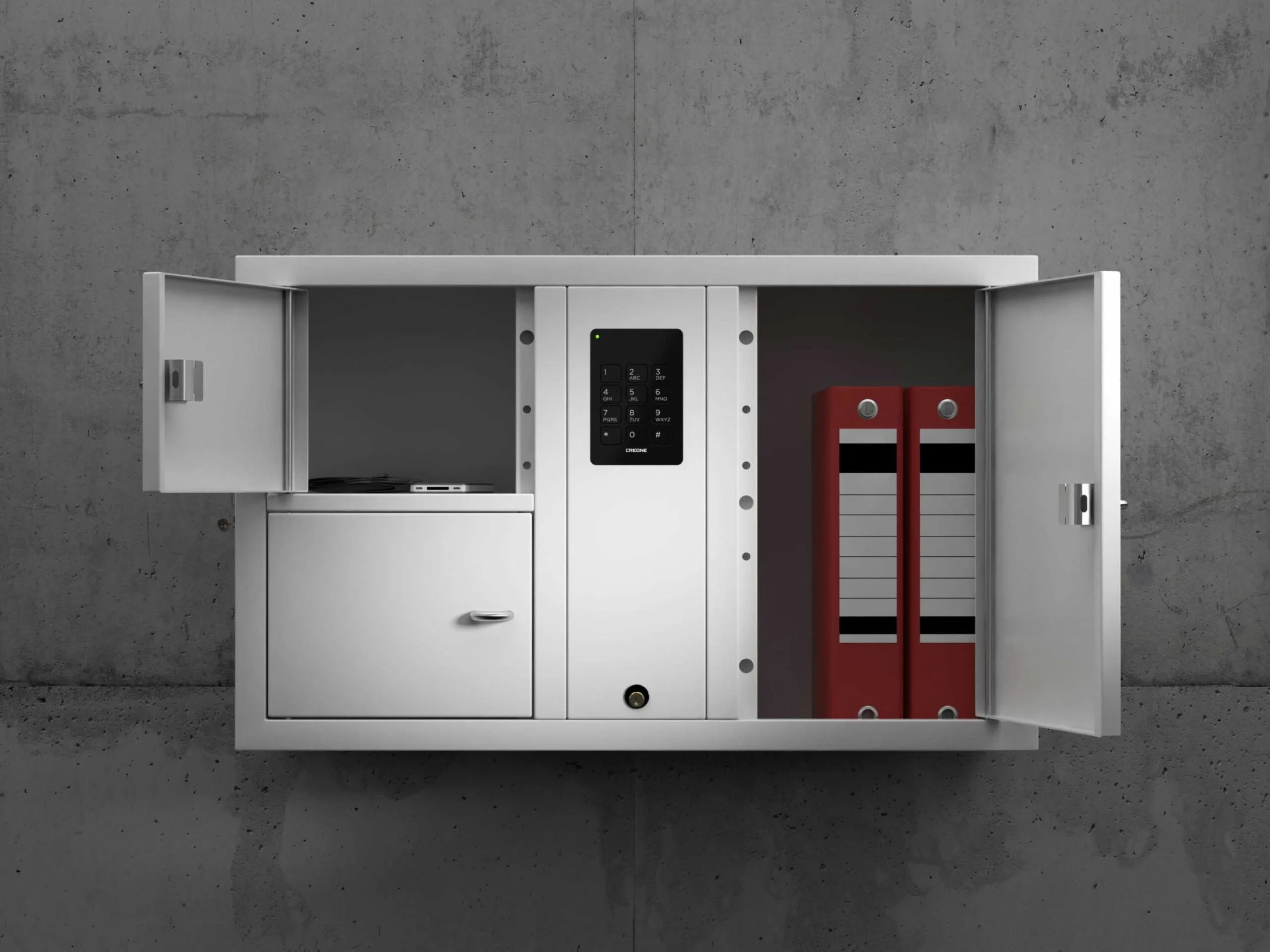 Open wall-mounted security cabinet containing a Crestron keypad, laptop, and red electronic equipment