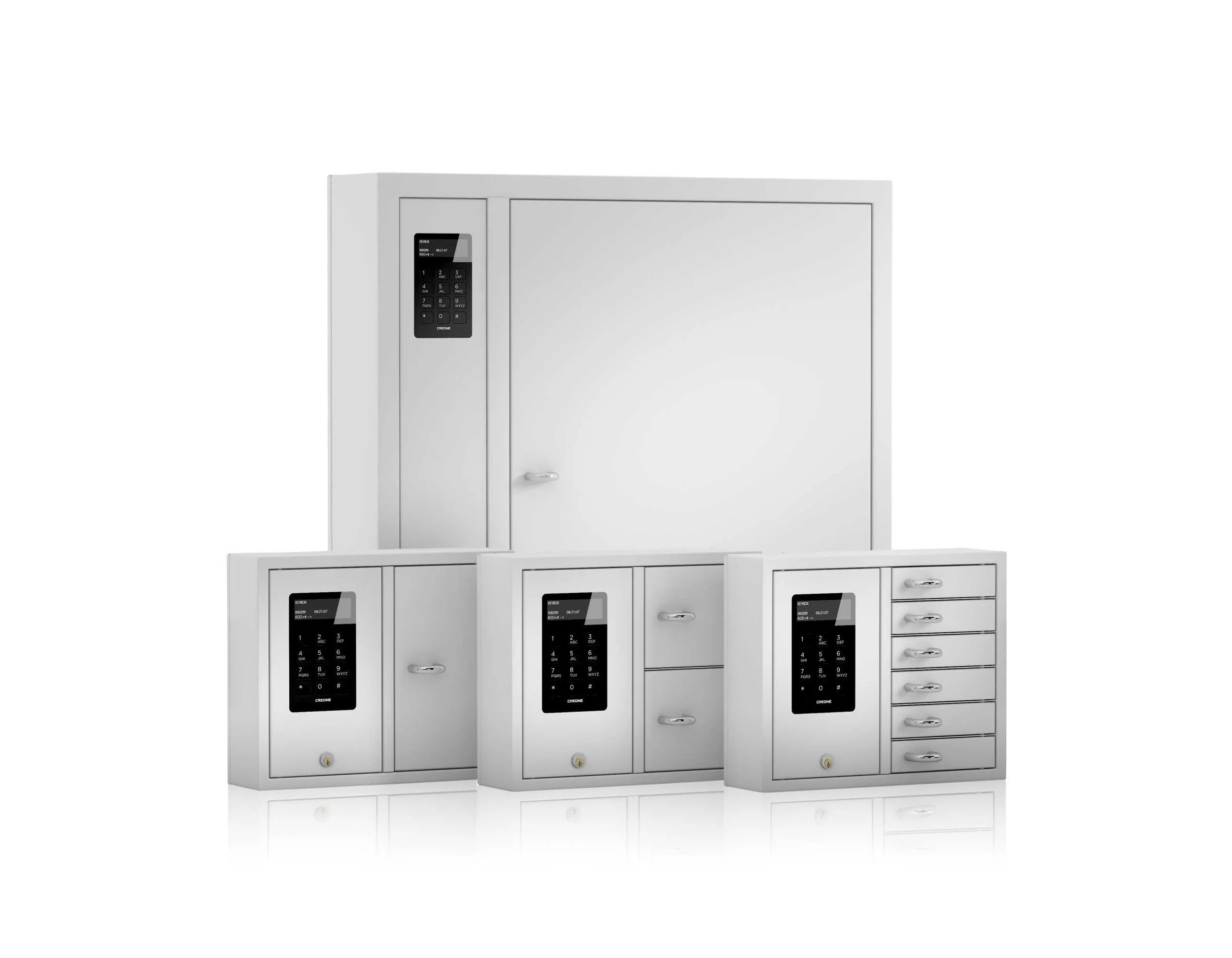 White electronic key cabinets with numeric keypad locks and storage compartments