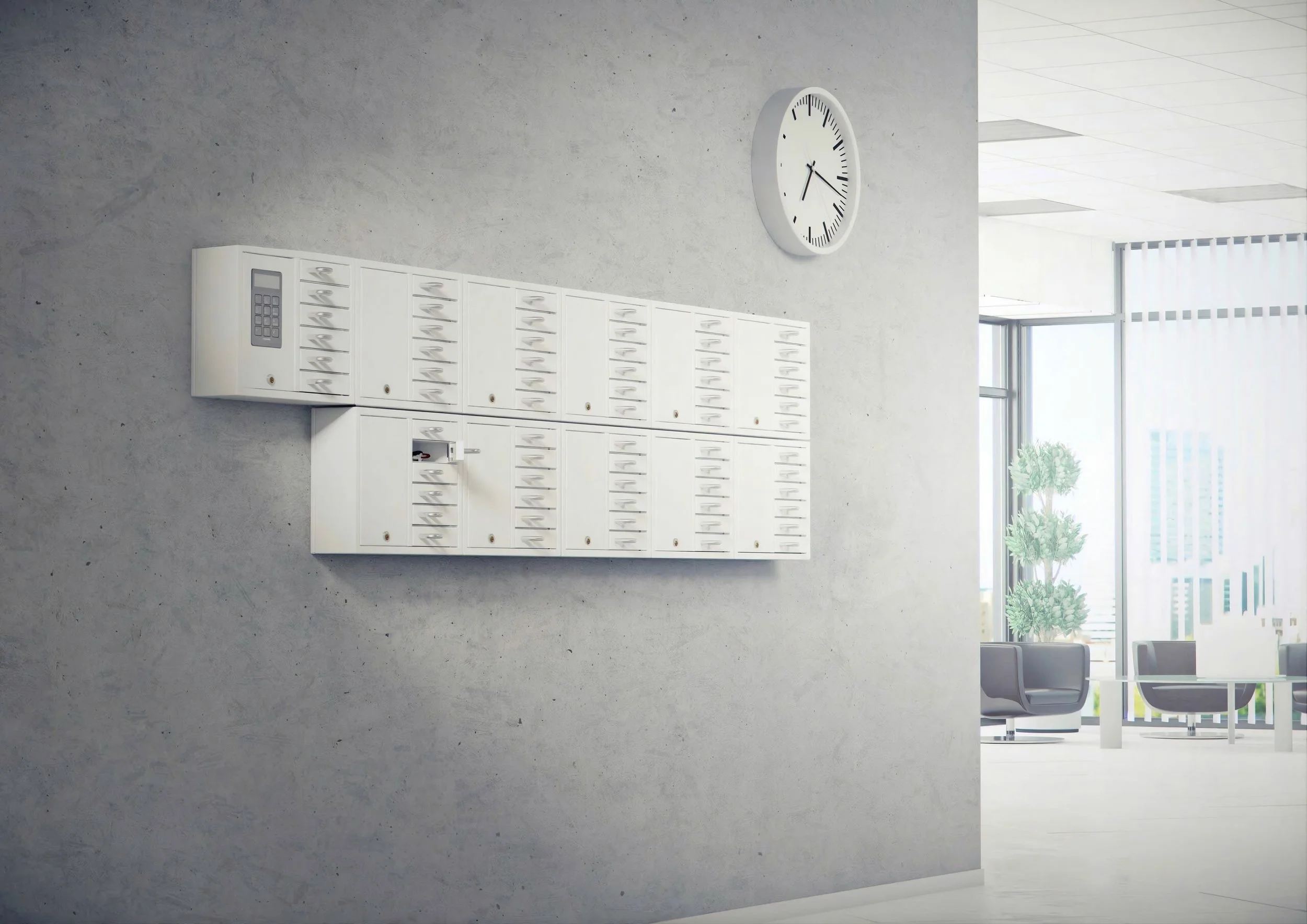 Wall-mounted white mailboxes with a keypad beneath a large clock in a modern office lobby