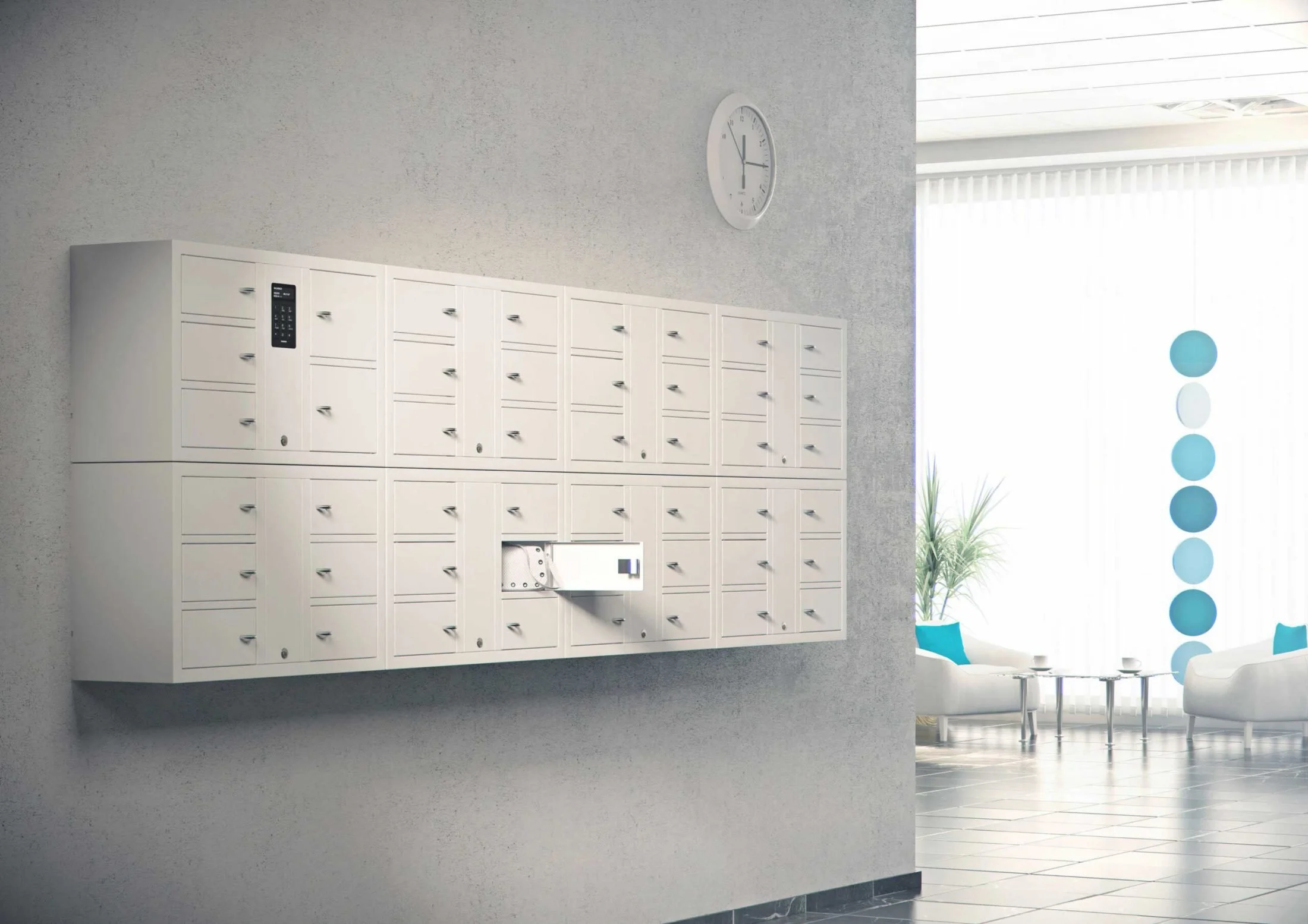 Wall-mounted white parcel lockers in a bright modern lobby with a wall clock, potted plant, and turquoise circular wall accents.