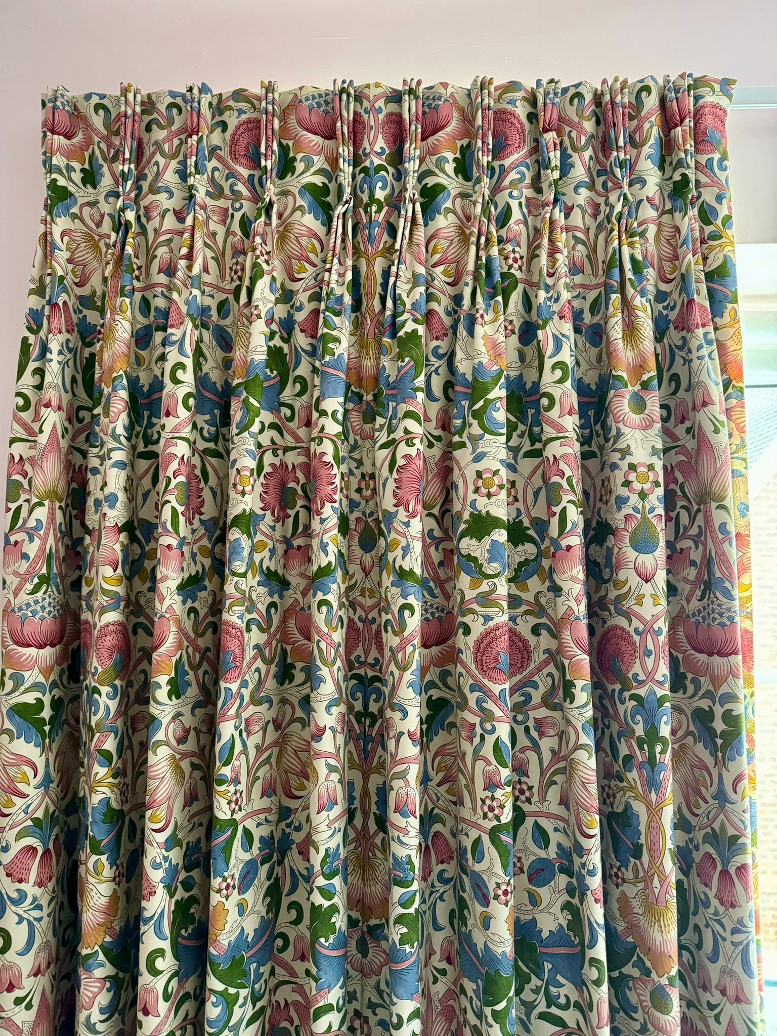Triple Pleat Curtains. Fabric: Morris & Co. Strawberry Thief