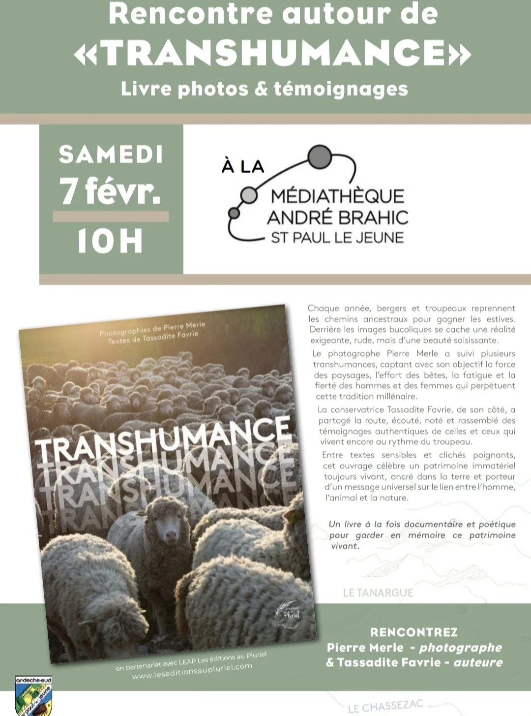 Une belle rencontre en perspective avec Tassadite Favrie, auteure, et Pierre Merle, photographe, autour de ce beau livre qui c&eacute;l&egrave;bre le lien entre l'homme, l'animal et la nature &agrave; travers textes sensibles et clich&eacute;s intens